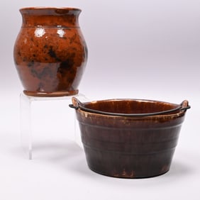 New England Glazed Redware Jar & Rockingham Keeler