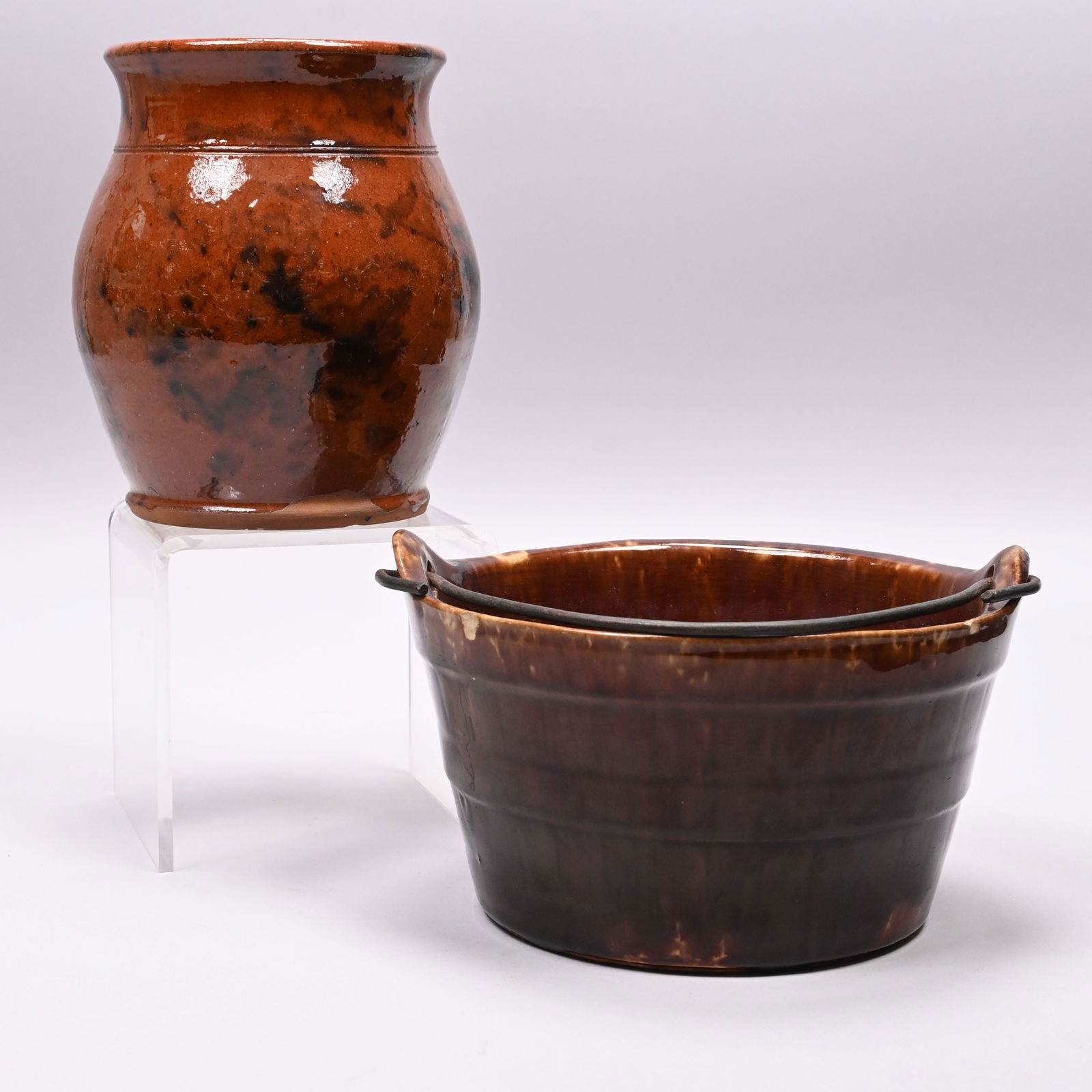 New England Glazed Redware Jar & Rockingham Keeler (1 of 13)