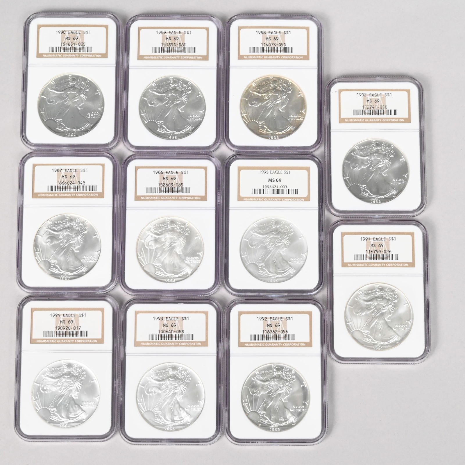 Eleven US Silver Eagle $1 Coins, 1986-1995, MS69 (1 of 4)