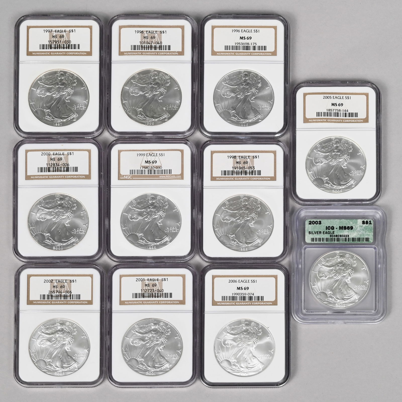 Eleven US Silver Eagle $1 Coins, 1996-2006, MS69 (1 of 2)