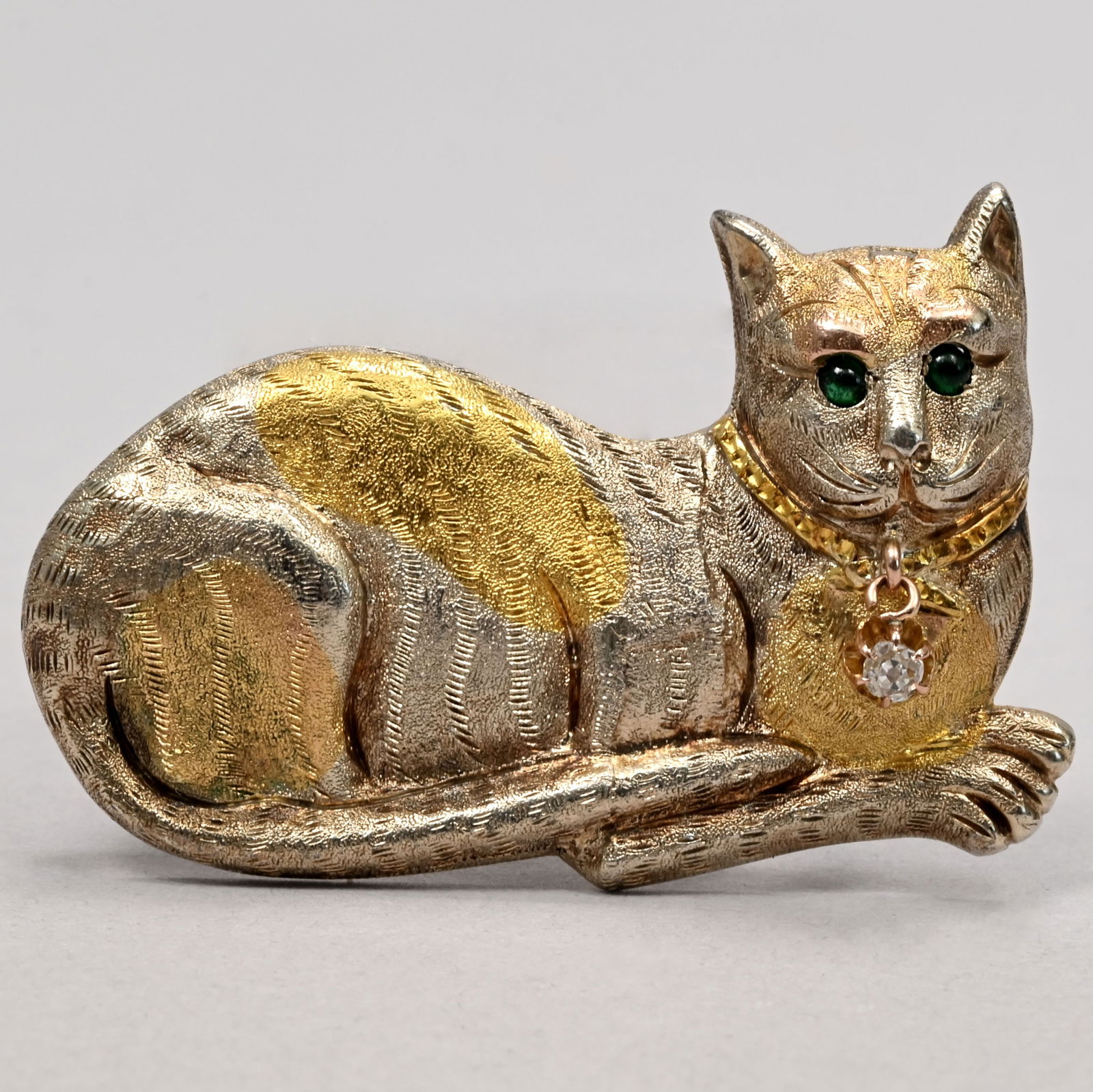 14k Recumbent Cat Brooch with Diamond Pendant (1 of 3)