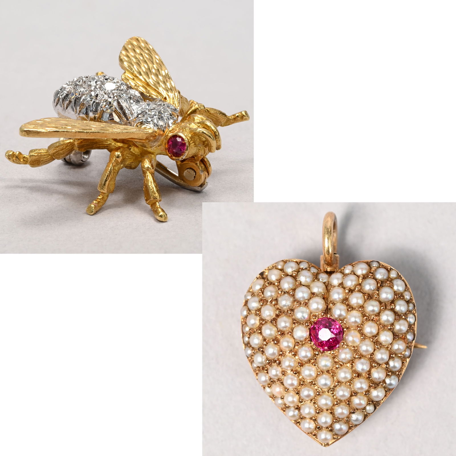 Italian 18k Gold & Diamond Insect Brooch & Pendant: Italian 18k Yellow and White Gold and Diamond Insect Brooch and a Yellow Gold, Ruby and Seed Pearl Pin, Pendant and Watch Hanger. The diamond-encrusted fly set with ruby eyes, marked "18k ITALY.";