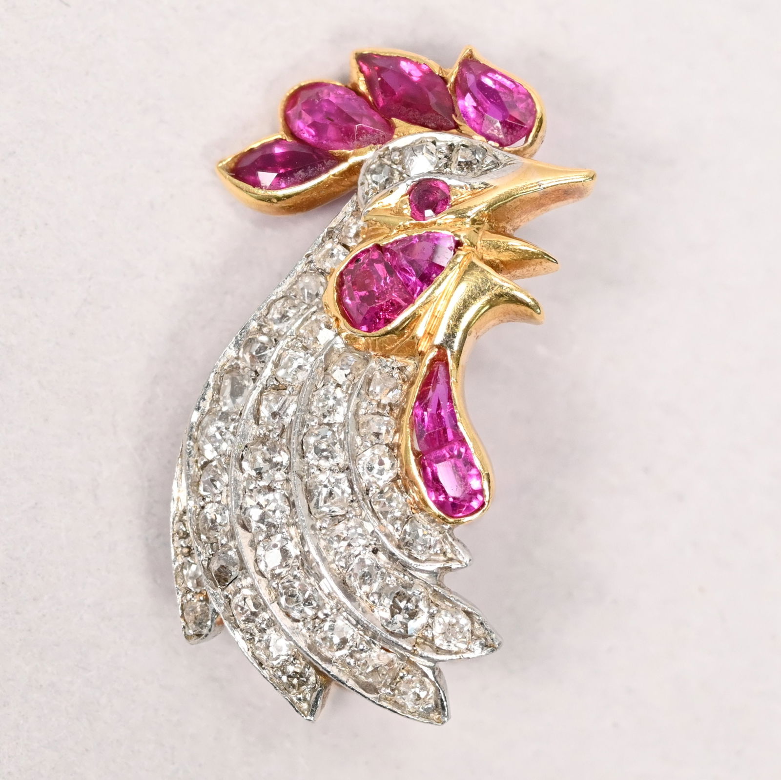 14k Yellow Gold, Diamond and Ruby Rooster Pin: 14k Yellow and White Gold, Diamond and Ruby Rooster Pin. Marked "14k" on the clasp.1.9gH: 0.75 in.