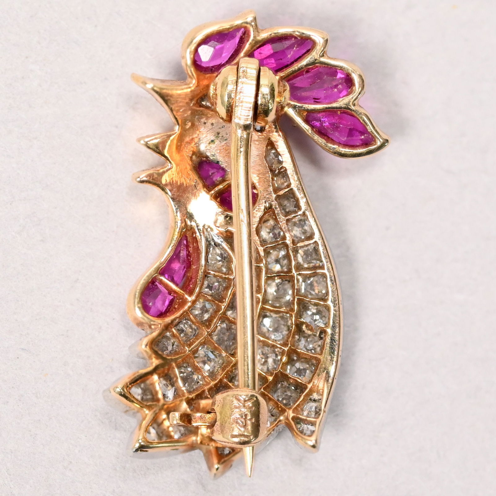 14k Yellow Gold, Diamond and Ruby Rooster Pin - 2