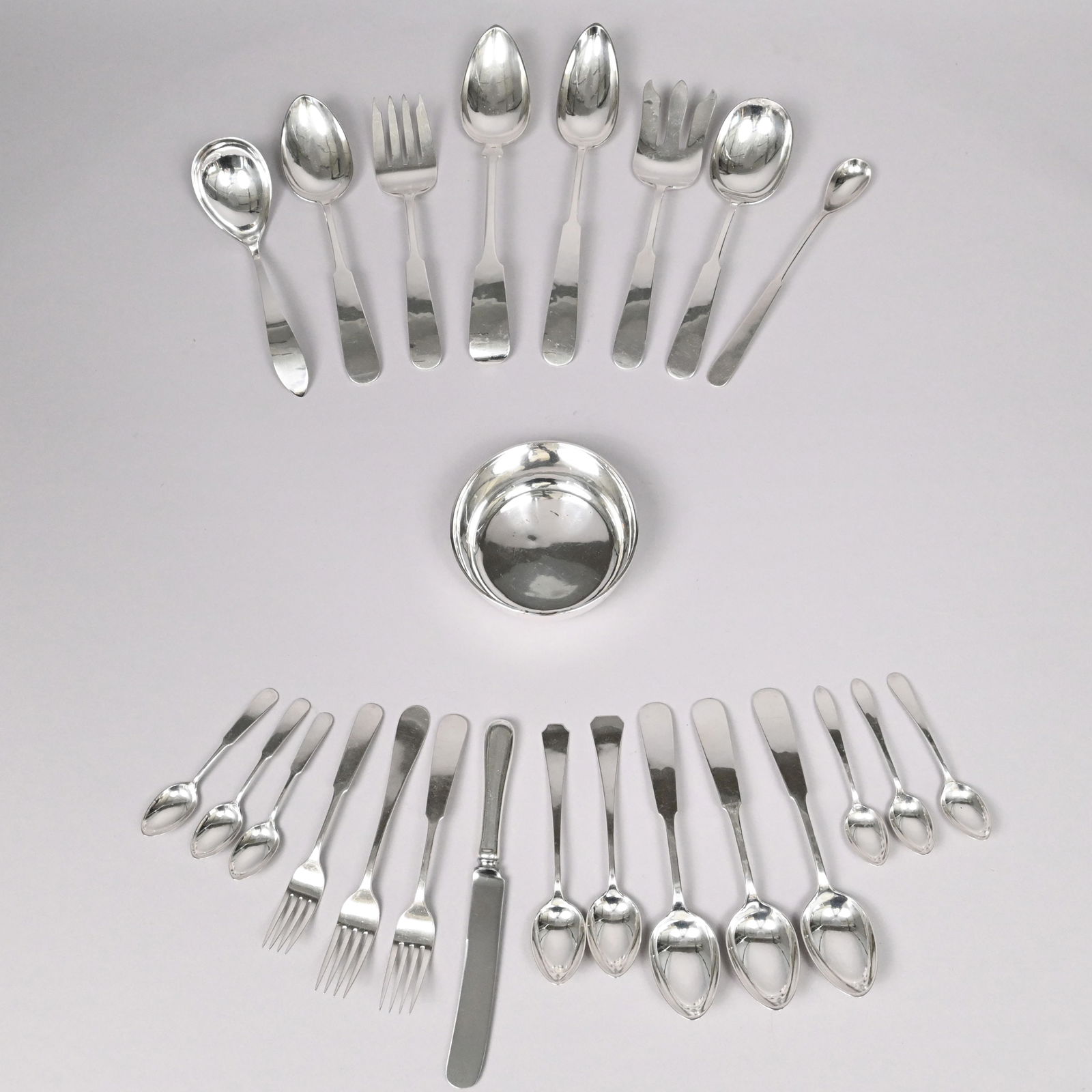 Group of American Modernist Silver, David Carlson: Group of American Modernist Sterling Silver Flatware, Serving Utensils and a Bowl, David Carlson, Gardner, Massachusetts, 1920-1931. Comprising three 7.25-inch cream soup or dessert spoons, one 6.125-