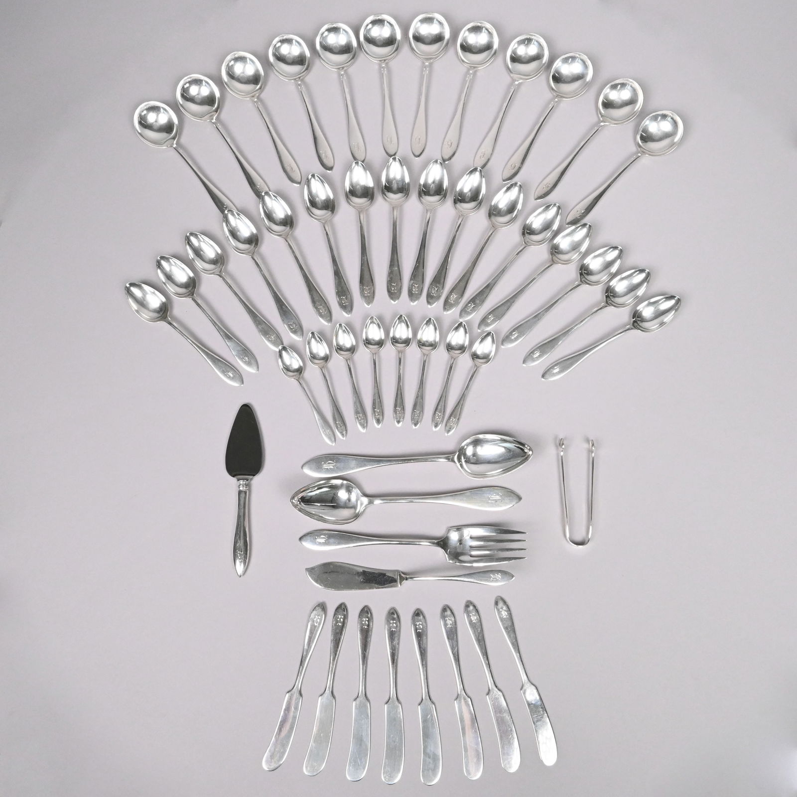 American Sterling Silver Part Flatware Service: American Sterling Silver 'Lafayette' Part Flatware Service, Towle Mfg. Co., Newburyport, Massachusetts. The pattern introduced in 1905, comprising twelve cream soup spoons, sixteen teaspoons, eight