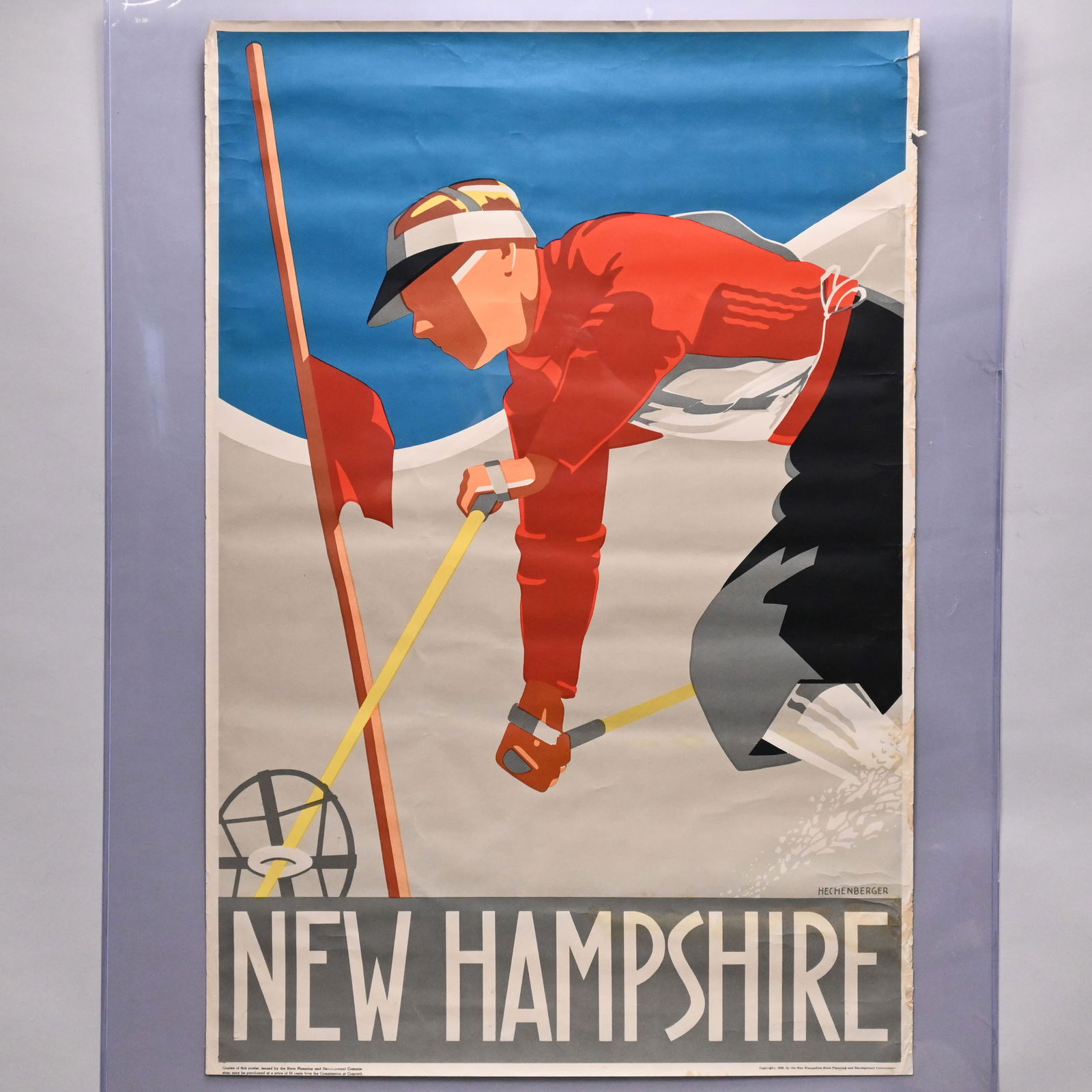 New Hampshire Ski Poster by Hechenberger, 1939: New Hampshire Ski Poster by Hechenberger, 1939. Color lithograph on paper, one of two posters designed by Lou Hechenberger (1907 - 1961) for the state, published by the New Hampshire State Planning