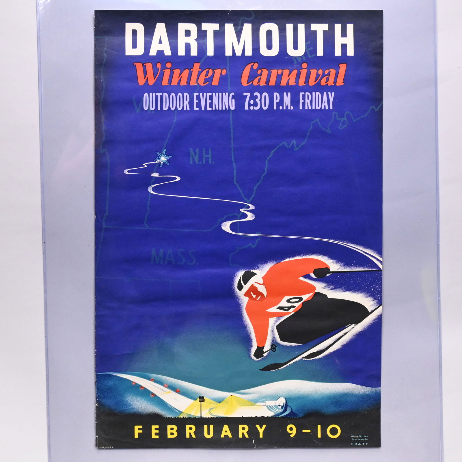 John Ryland Scotford Jr- Dartmouth Carnival Poster: Designed by John Ryland Scotford, Jr. (1916 - 2000), Dartmouth Class of 1938 and a graduate of Pratte Institute. Dartmouth Winter Carnival Poster, 1940. Color lithograph on paper, (34 x 22
