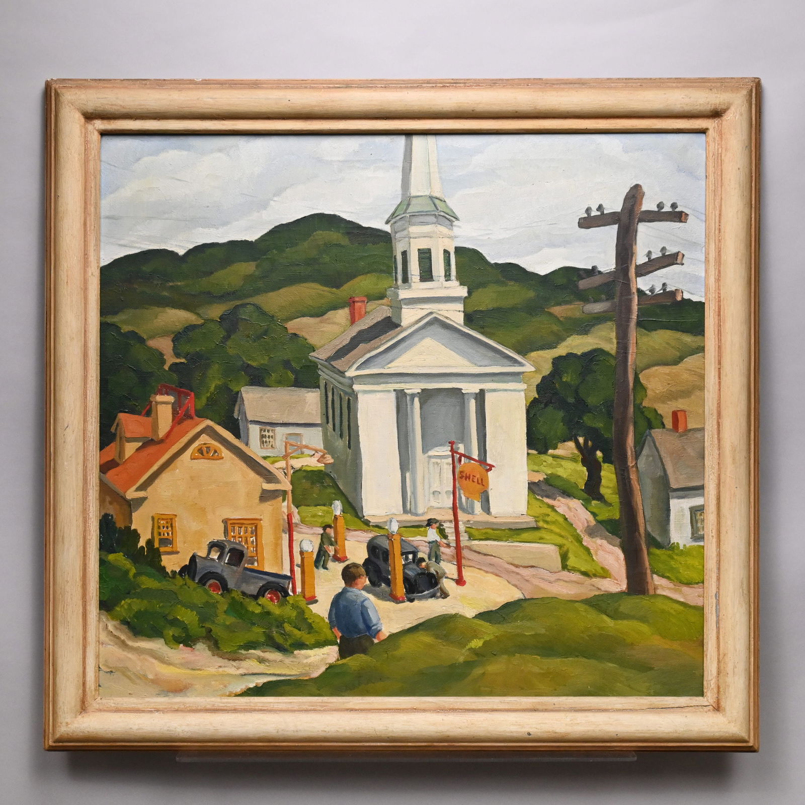 Large Townscape with Church and Filling Station: Large Townscape with Church and Filling Station. American School, Circa 1930 - 1940s. Oil on canvas, (30 x 32.25 inches).Frame: H:35.5 in., W: 37.5 in., D: 1.75 in.