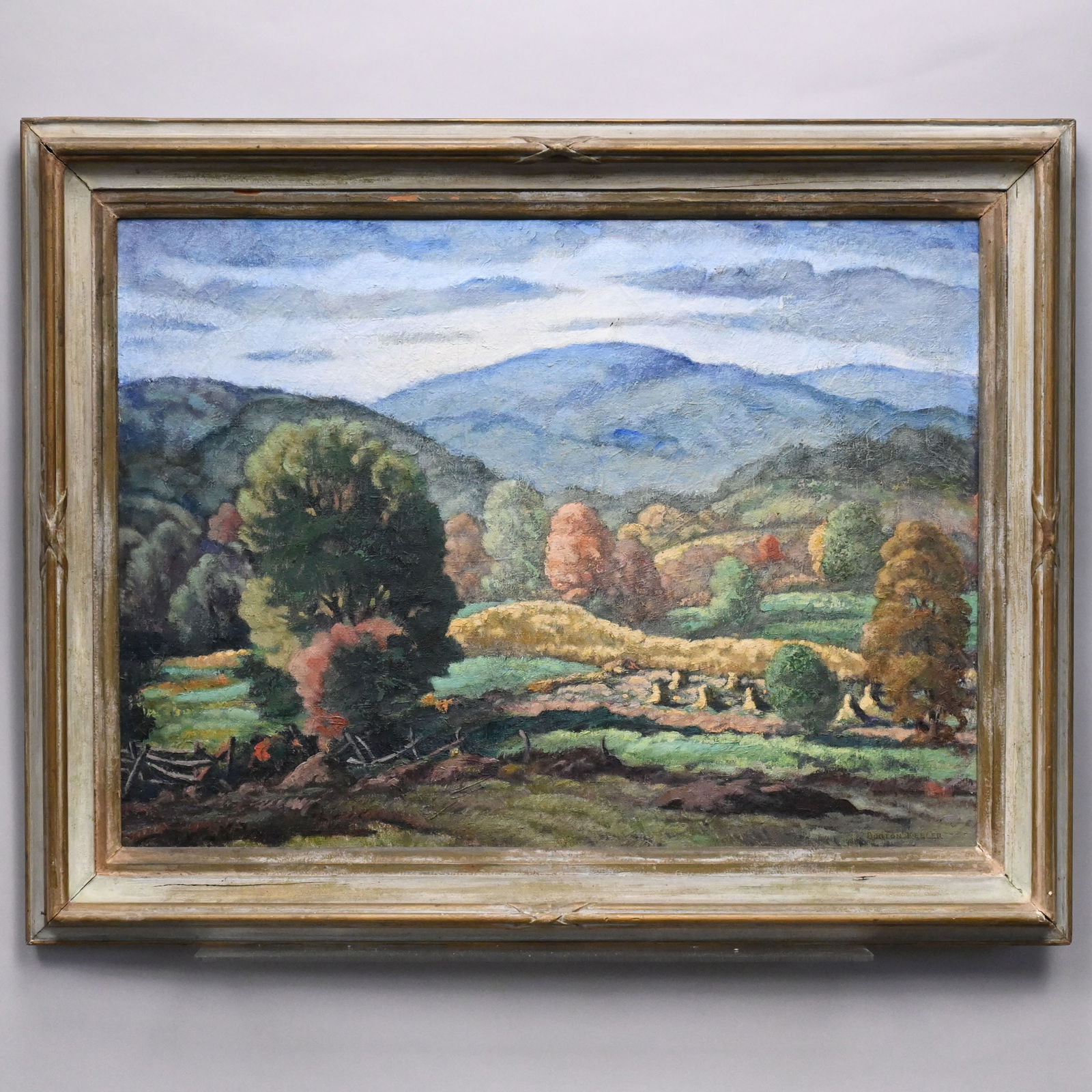 R. Burton Keeler - "October": R. Burton Keeler (American 1886 - 1978). "October." Oil on canvas, signed "Burton Keeler" lower right, (24 x 32 inches), the reverse of the stretcher with remnants of a label inscribed "[F]all in West