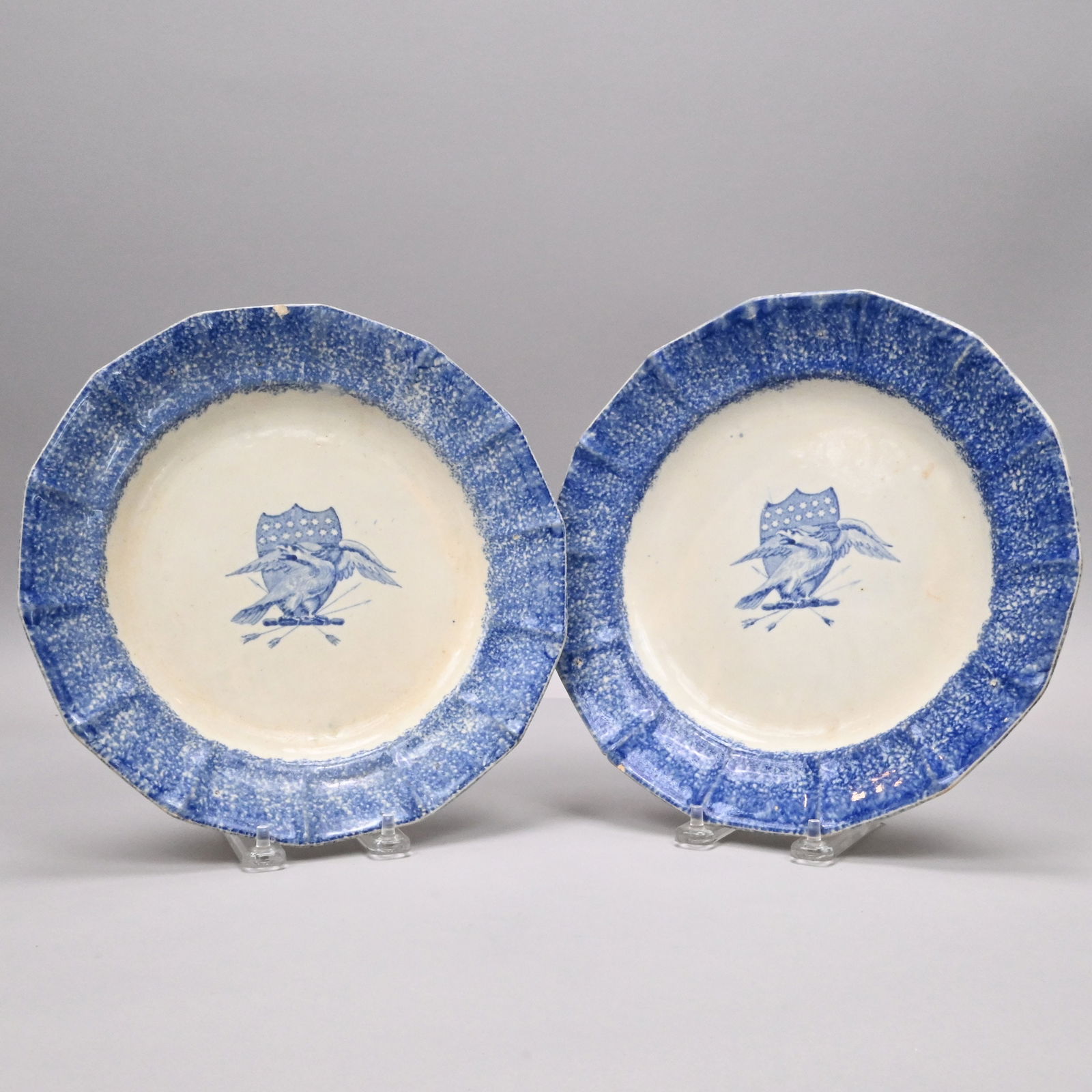 American Eagle & Shield, Pair Staffordshire Plates: 'American Eagle and Shield,' Pair of Staffordshire Blue Transfer-Printed and Sponge-Decorated Plates, Circa 1830. H: 1.25 in., Diam: 10.25 in.