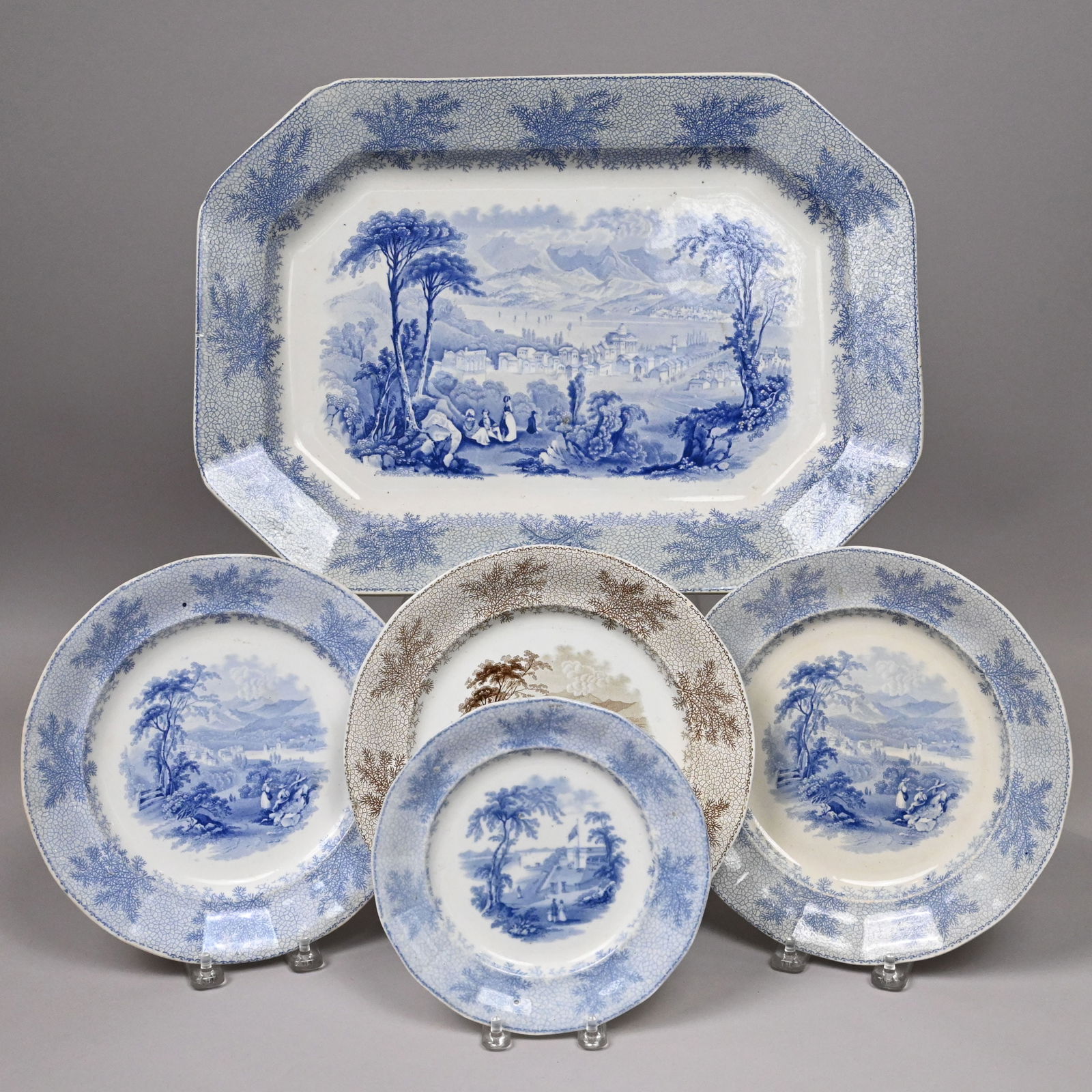 'Catskill Moss' Series, Five Staffordshire Wares: 'Catskill Moss' Series, Five Staffordshire Transfer-Printed Tablewares, John & William Ridgway, 1844. From Bartlett's views of "American Scenery," published in 1840 and comprising a 7-inch "Narrows