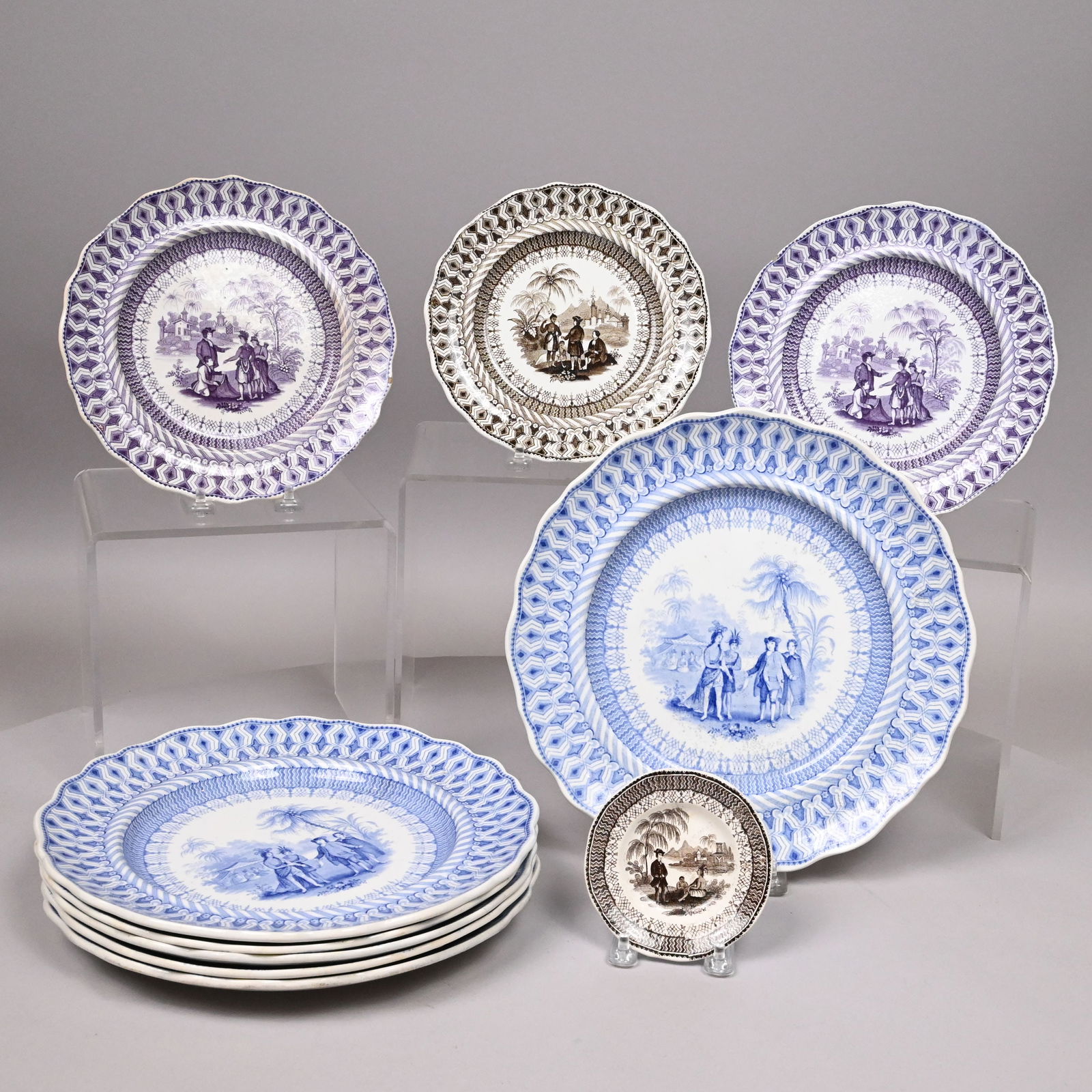 "W. Penn's Treaty" Series,Ten Staffordshire Plates: "W. Penn's Treaty" Series, Ten Staffordshire Plates, Thomas Green, 1847-1859. Depicting various scenes from William Penn's signing of the Treaty with the Indians and comprising a 3.875-inch cup plate