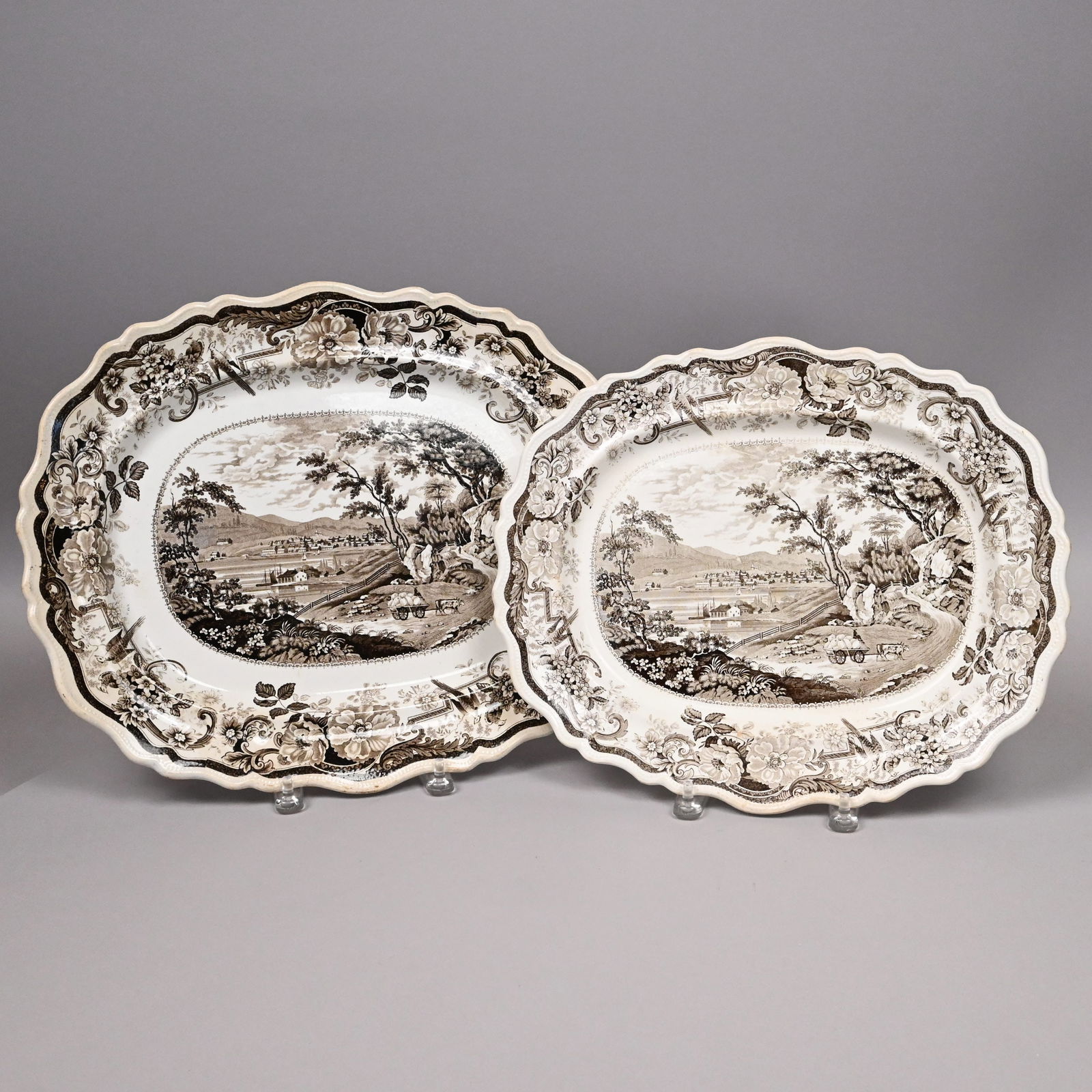 Newburgh, Hudson River, Two Staffordshire Platters: 'Picturesque Views' Series, Two Staffordshire Brown Transfer-Printed "Newburgh, Hudson River" Platters, James & Ralph Clews, 1821-1834. From William Guy Wall's "Hudson River Portfolio." Printed