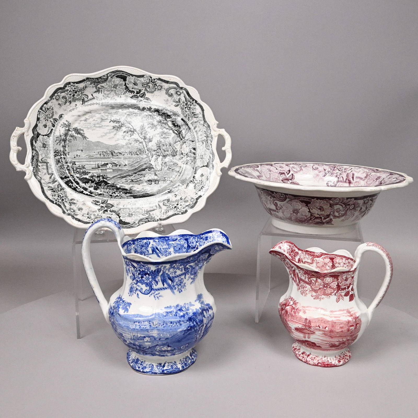 'Picturesque Views' Series, 4 Staffordshire Wares: 'Picturesque Views' Series, Four Staffordshire Table and Utilitarian Wares, James & Ralph Clews, 1821-1834. From William Guy Wall's "Hudson River Portfolio" and depicting one "Near Fort Miller,