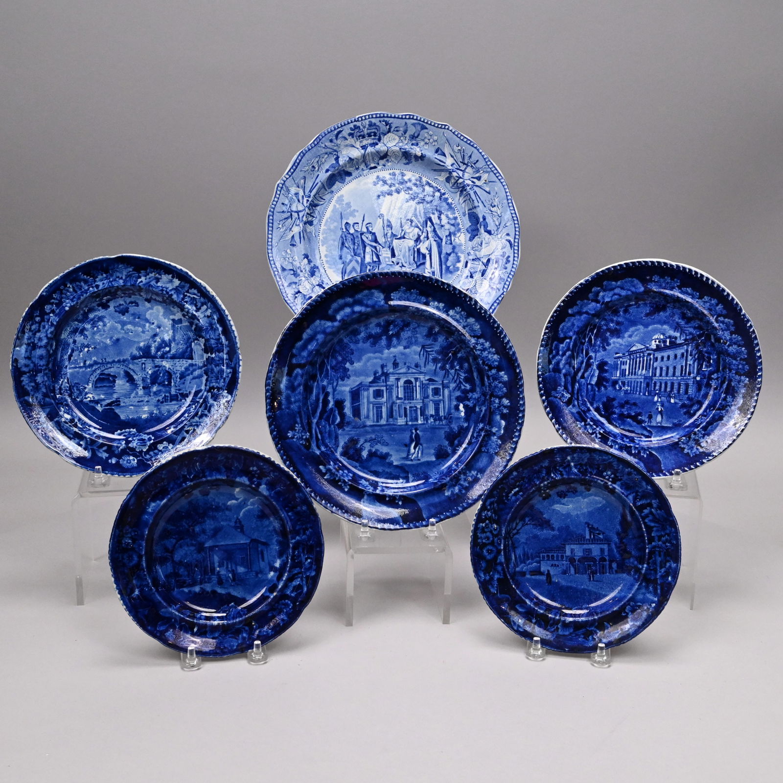 Six Staffordshire Blue Transfer-Printed Plates: Six Staffordshire Blue Transfer-Printed Plates Depicting British and French Views, William Adams and Enoch Wood & Sons, 1820-1835. Including 'British Views' series, Jones & Son, 1826-1828, one 9.75-in