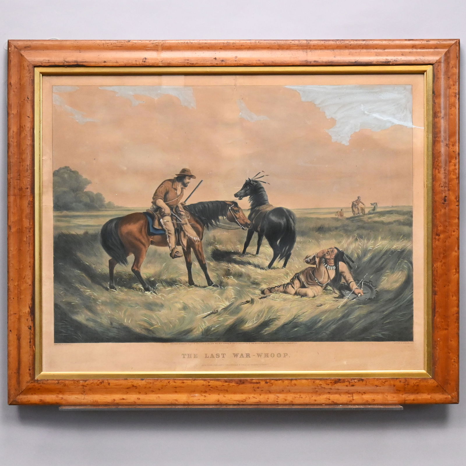 Currier & Ives - "The Last War-Whoop": Currier & Ives "The Last War-Whoop." Large-folio lithograph by Nathaniel Currier after Arthur F. Tait, published by Currier & Ives, New York, 1856, reverse with label for The Old Print Shop, New York,