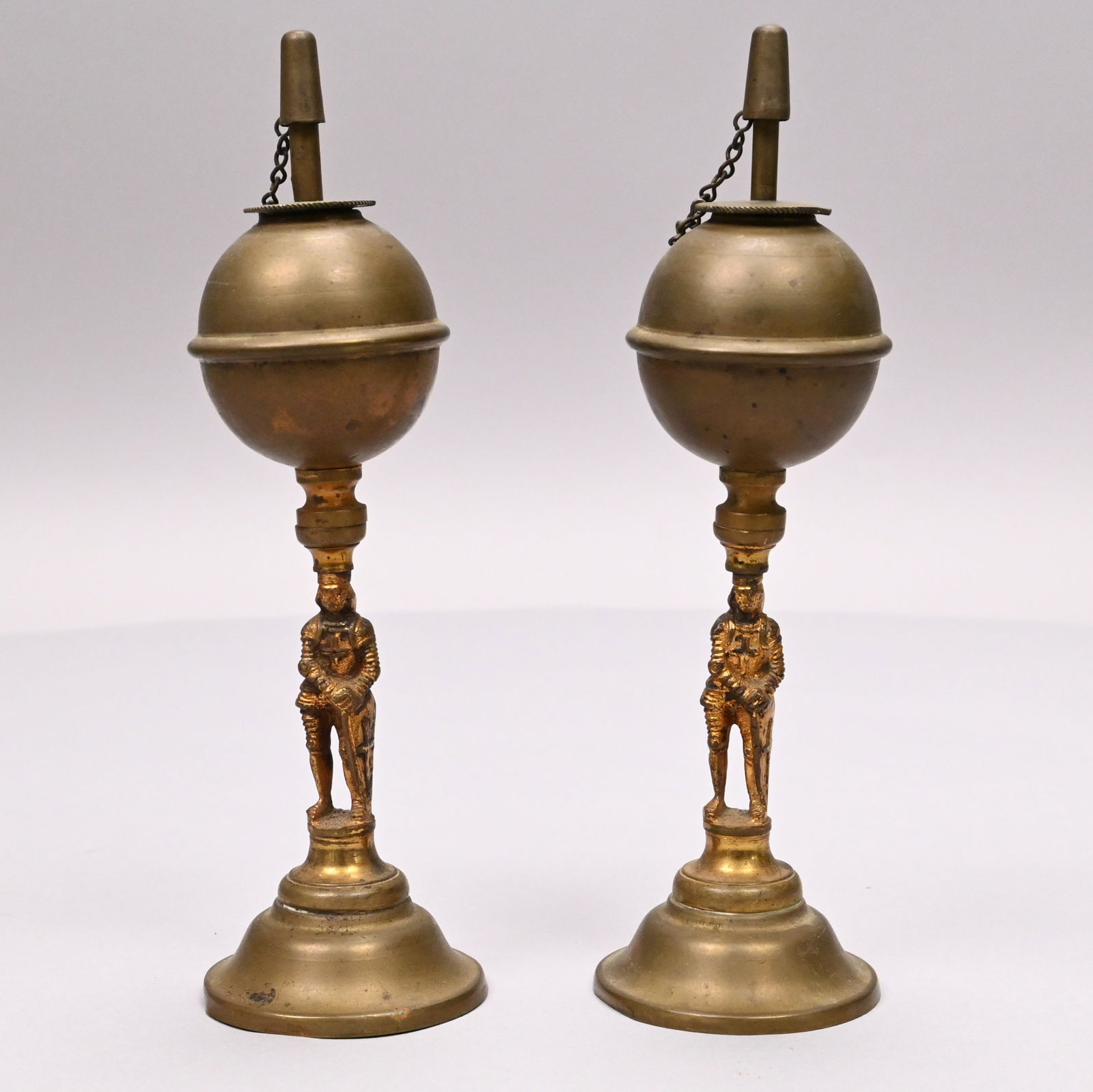 Pair of Continental Brass Figural Whale Oil Lamps (1 of 7)