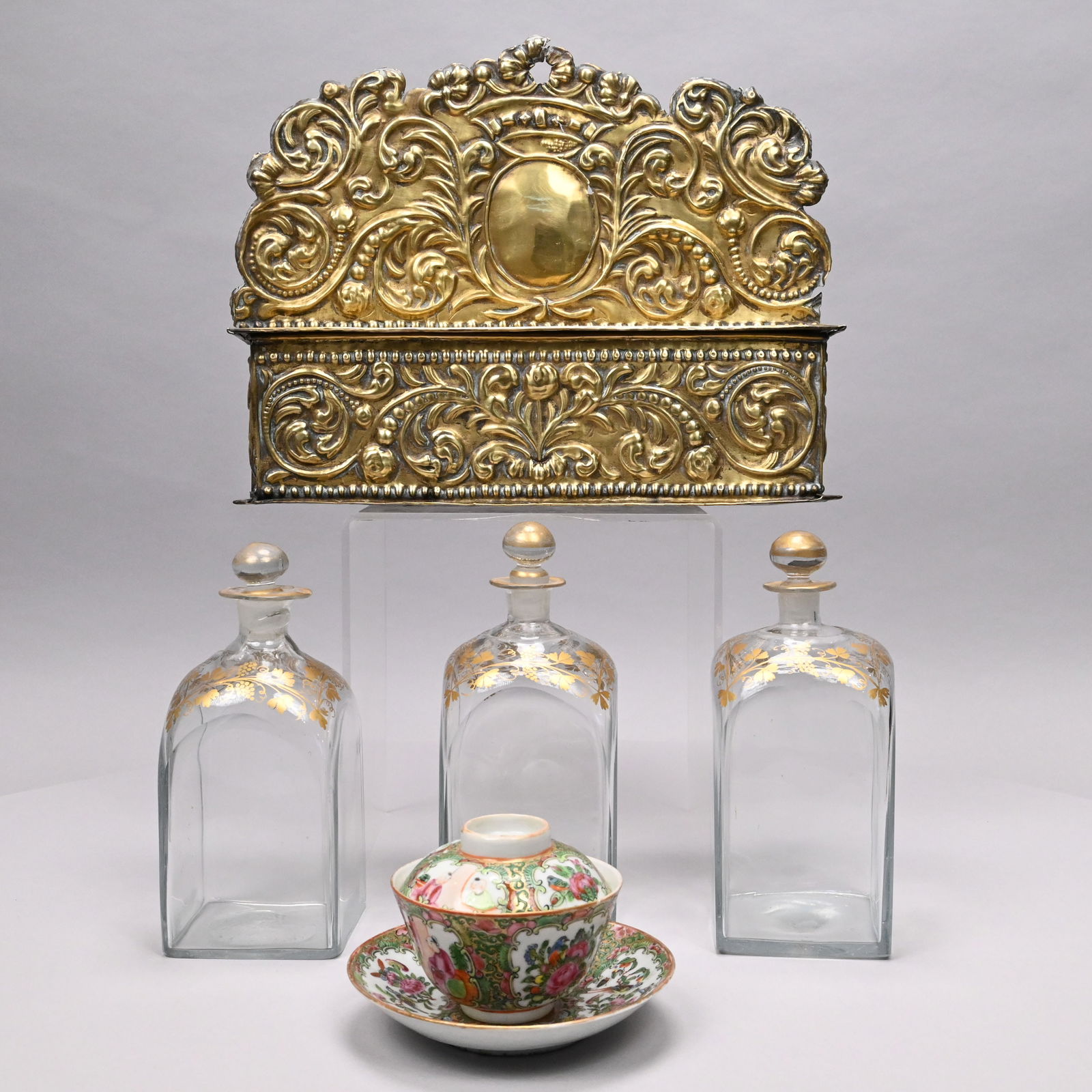Continental Brass Candle Box, 3 Decanters, Teabowl (1 of 17)