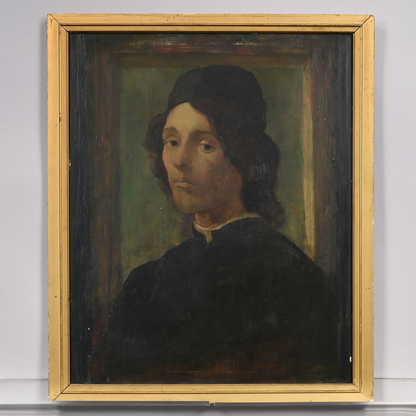 French School, Portrait of a Young Man: French School Portrait of a Young Man, After Sandro Botticelli (Florence,1445-1510). Nineteenth Century. Oil on panel, partial stencil for the artist's supplier "F. DUPRE/ 141 Faubourg Saint Honore