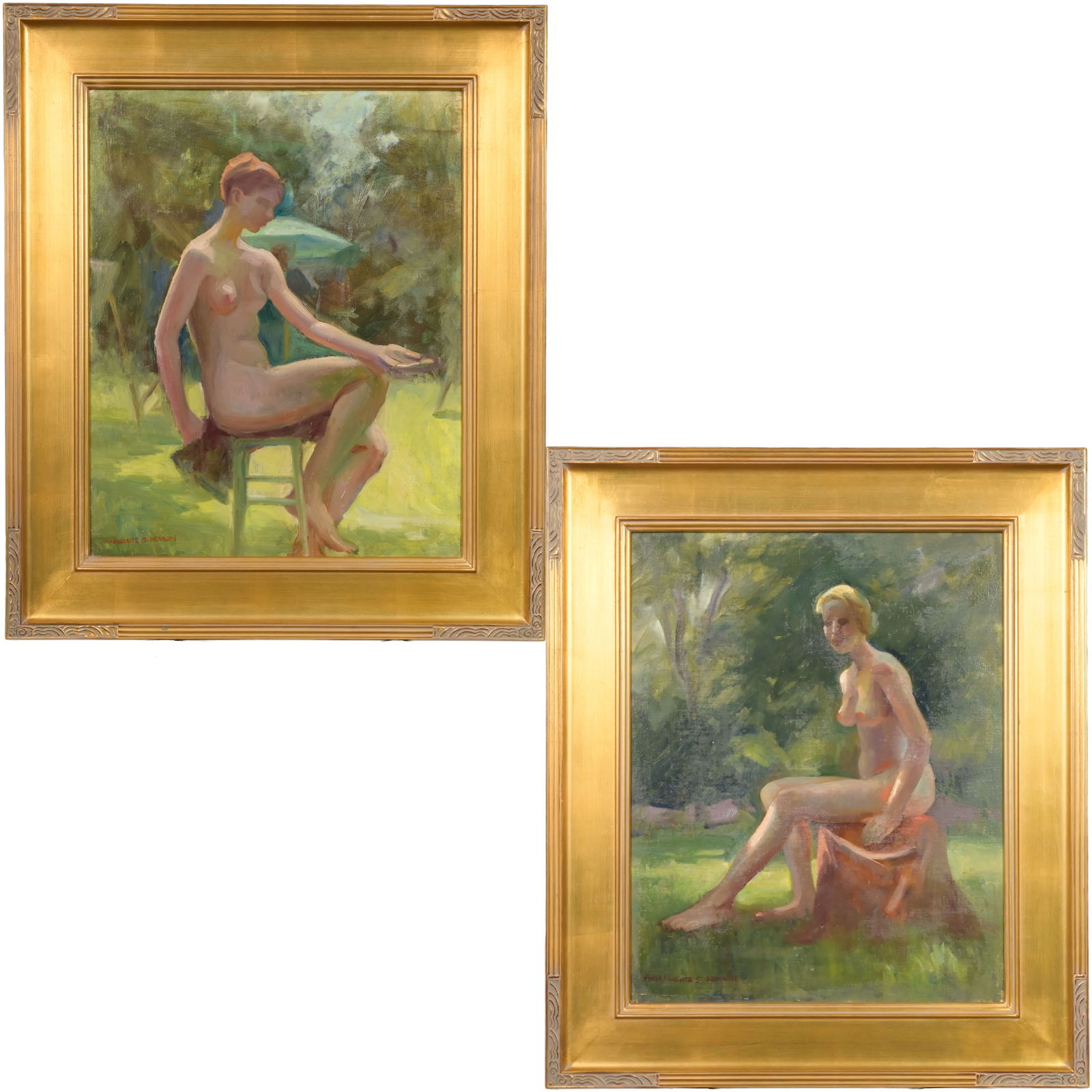 Marguerite S. Person - Pair of Seated Nudes: Marguerite S. Pearson (American, 1898 - 1978). "Supplication: Pair of Seated Nudes." Oil on canvas board, signed "Marguerite S. Pearson" lower left, (20 x 16 inches), reverse stamped "Estate