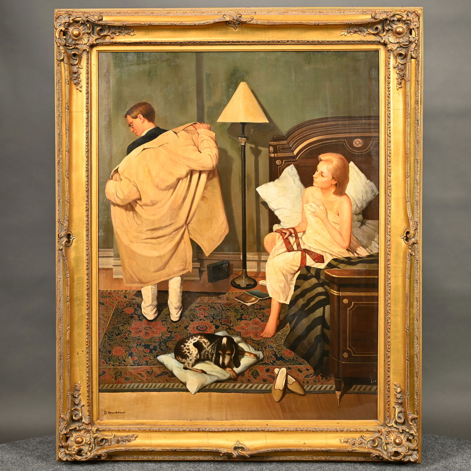 D. Hawkins - Bedroom Scene: Bedroom Scene. Oil on canvas, signed "D. Hawkins" lower left, (48 x 36 inches). Frame: H: 59 in., W: 46 in., D: 3.5 in.