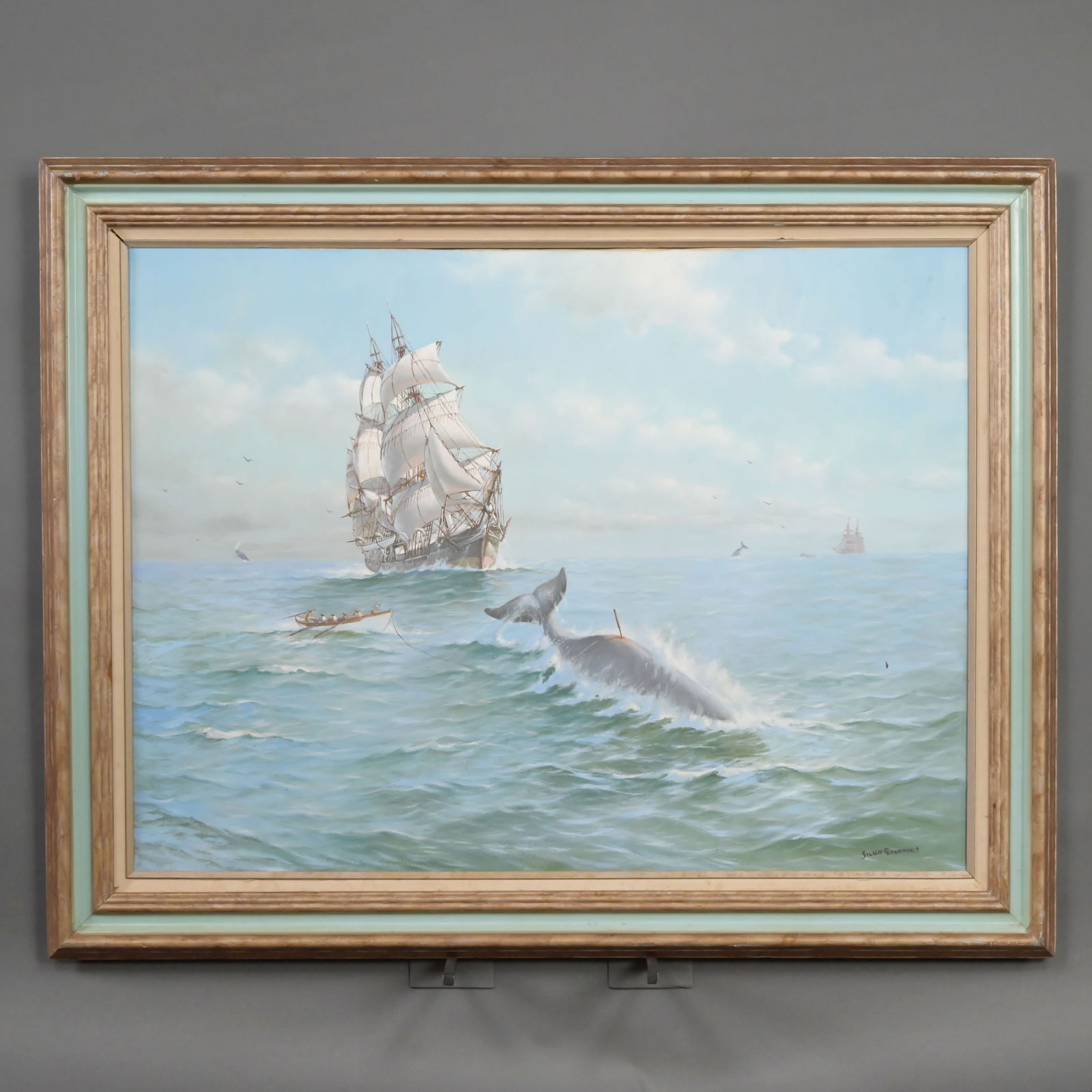 Humberto da Silva Fernandes - Whaling Scene: Humberto da Silva Fernandes (Portuguese/American 1937 - 2005). New Bedford Whaling Scene. Oil on canvas, signed "Silva Fernandes" lower right, (30 x 40 inches).Frame: H: 38 in., W: 48 in., D: 2.5 in.