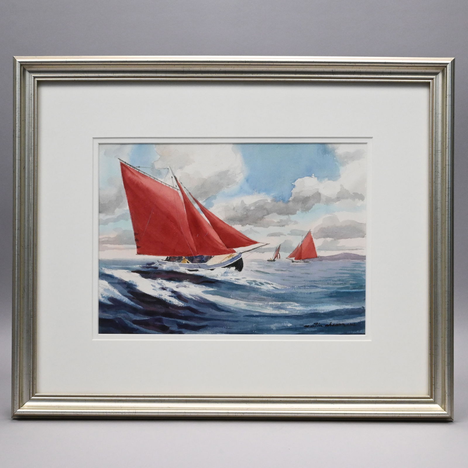 Martin Ahearn - Sailing in a Stiff Breeze: Martin Ahearn (American, 1918 - 2009). Sailing in a Stiff Breeze. Watercolor on paper, signed "Martin Ahearn AWS", lower right, (9.5 x 13.25 inches, sight).Frame: H:18 in., W: 22 in., D: 1.125