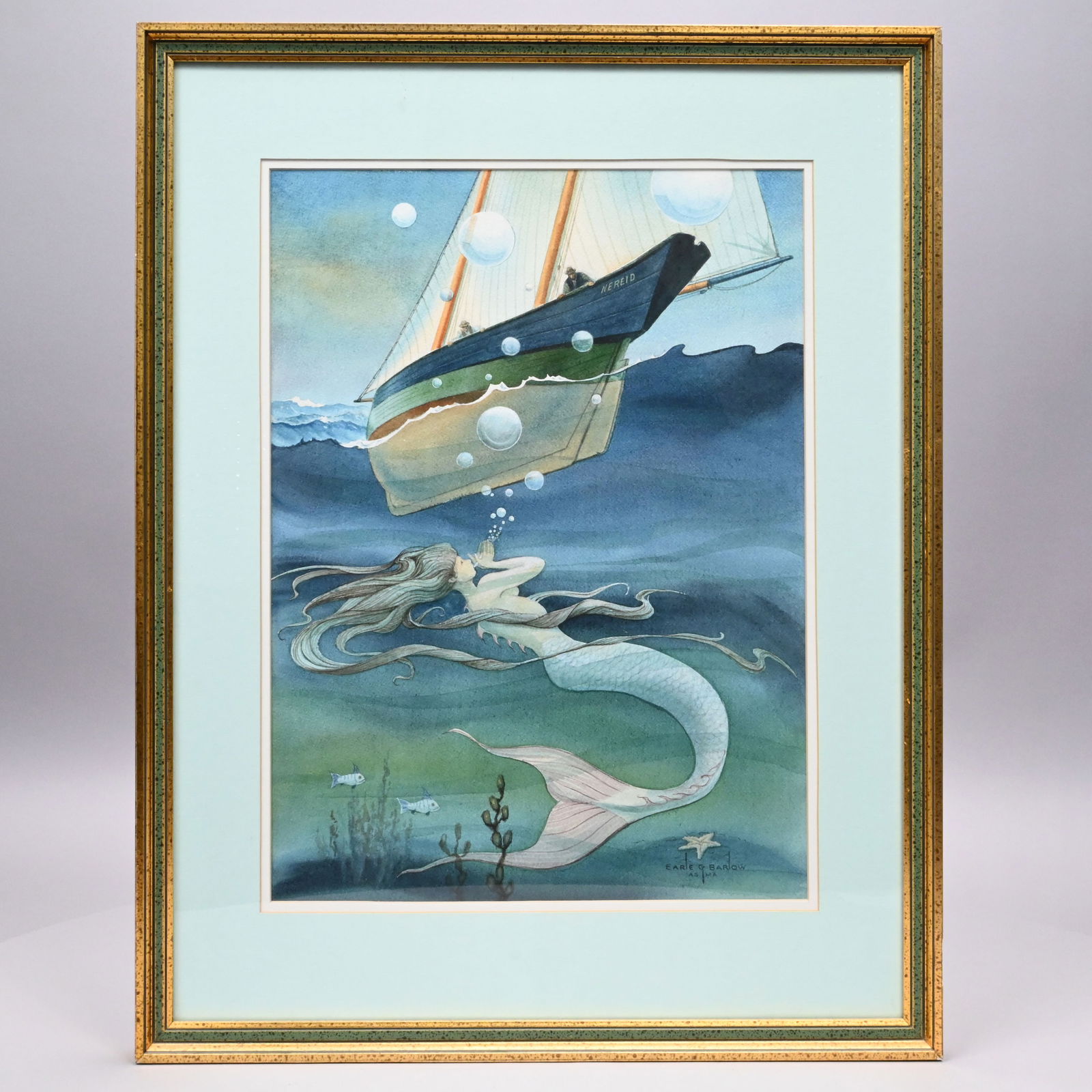 Earle G. Barlow - Under the Sea: Nereid: Earle G. Barlow (American, 1923 - 2013, Act. Maine). Under the Sea: Nereid. Watercolor on paper, signed "Earle G. Barlow/ ASMA" lower right, (16.5 x 12 inches, sight).Frame: H: 23.25 in., W: 18.25