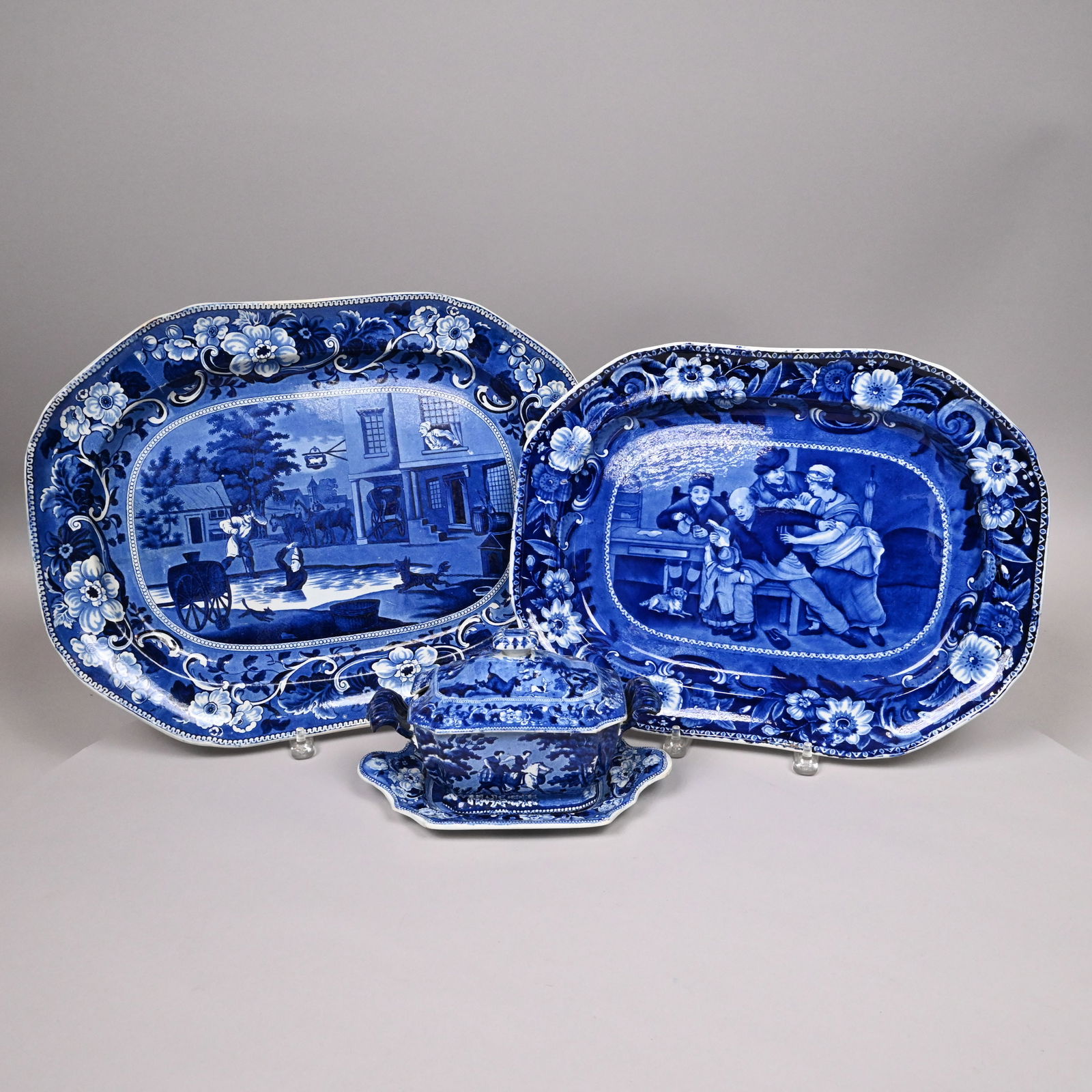 'Dr. Syntax' & 'Wilkie,' Three Staffordshire Wares: 'Doctor Syntax' and 'Wilkie's Designs' Series, Three Staffordshire Dark Blue Transfer-Printed Wares, James & Ralph Clews, 1830-1850. The 'Doctor Syntax' series depicting views from three tours of the