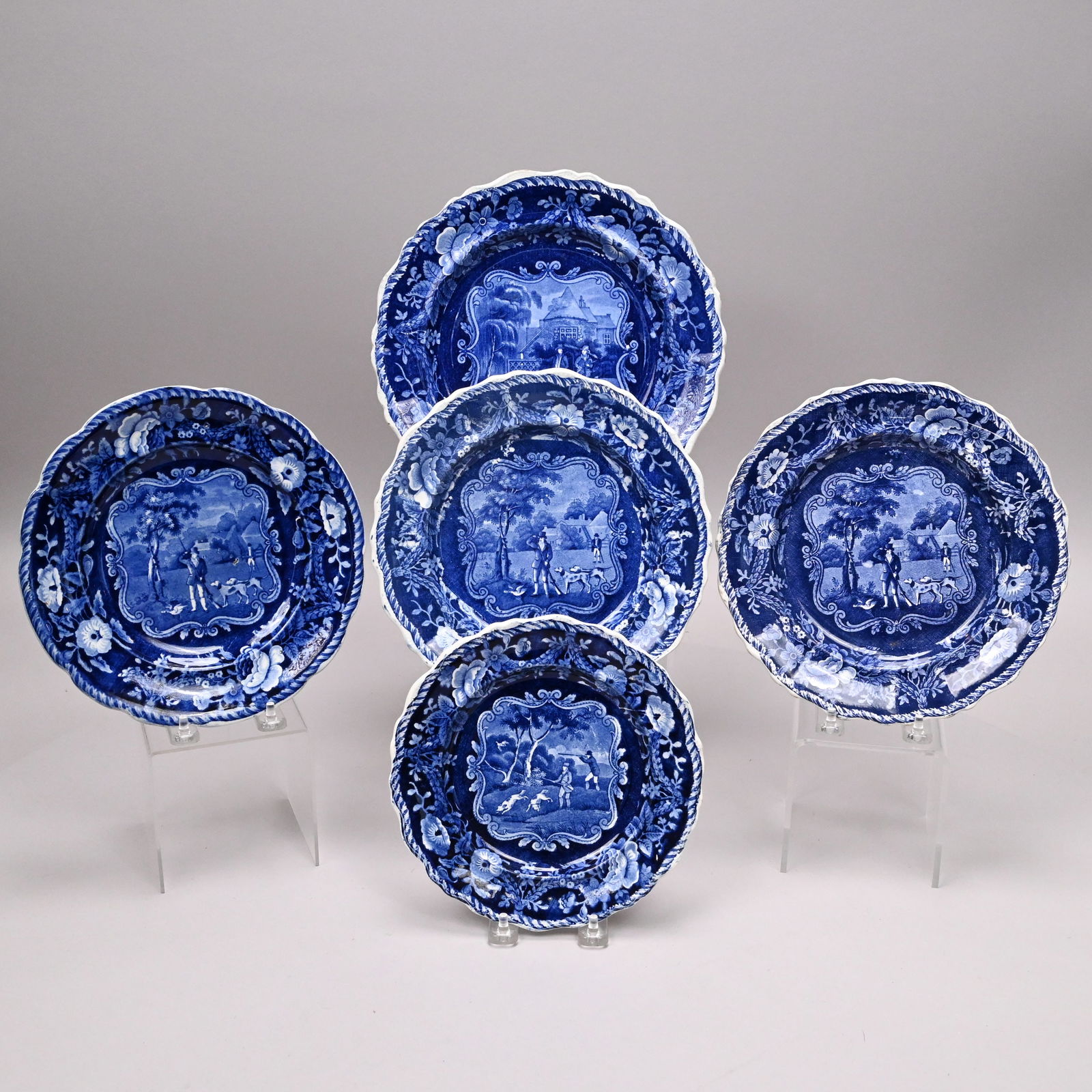 Set of Five Staffordshire Hunt Scene Plates: Set of Five Staffordshire Blue Transfer-Printed Stages of the Hunt Plates, James & Ralph Clews, 1818-1834. Comprising one 7.875-inch plate, one 8.75-inch plate, two 9-inch plates and one 10.5-inch pla