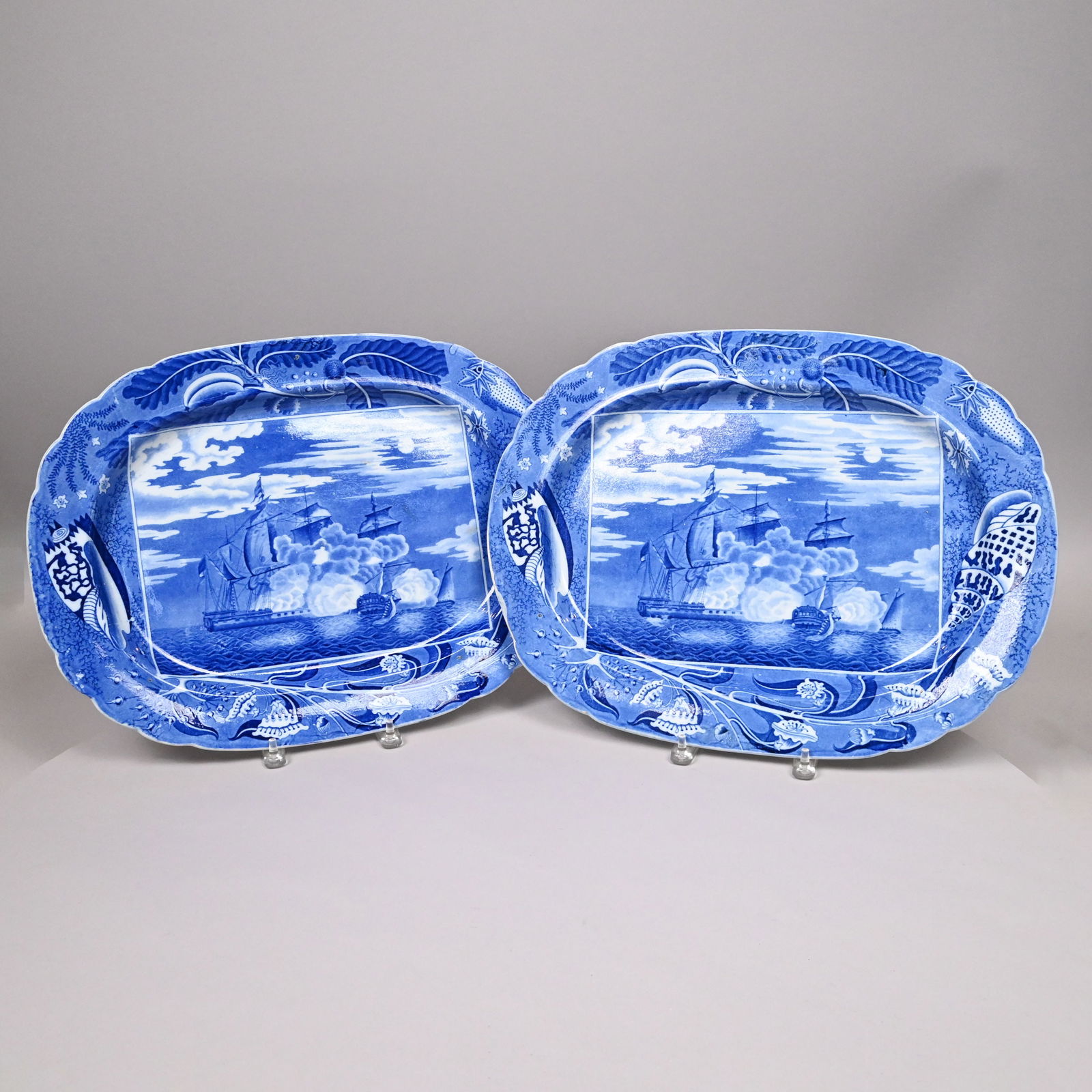 'Shipping Series,' Pair of Staffordshire Platters: 'Shipping Series,' Pair of Staffordshire Pearlware Blue Transfer-Printed 'Night Sea Battle: "Blanche" and "La Pique"' Platters, Maker Unknown. From the print by J. Jenkins, "The Naval Achievements of