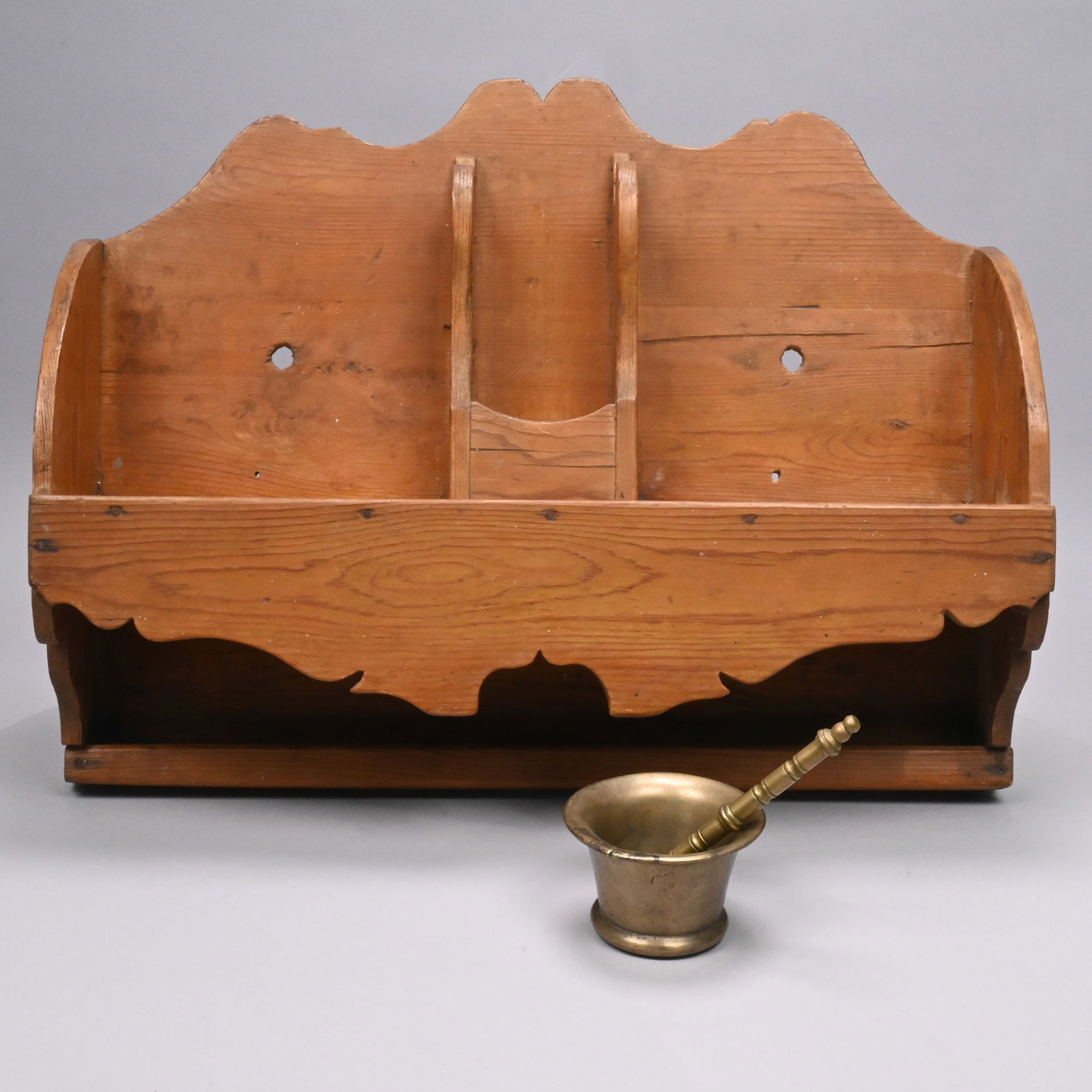European Mortar Shelf with Brass Mortar and Pestle (1 of 11)
