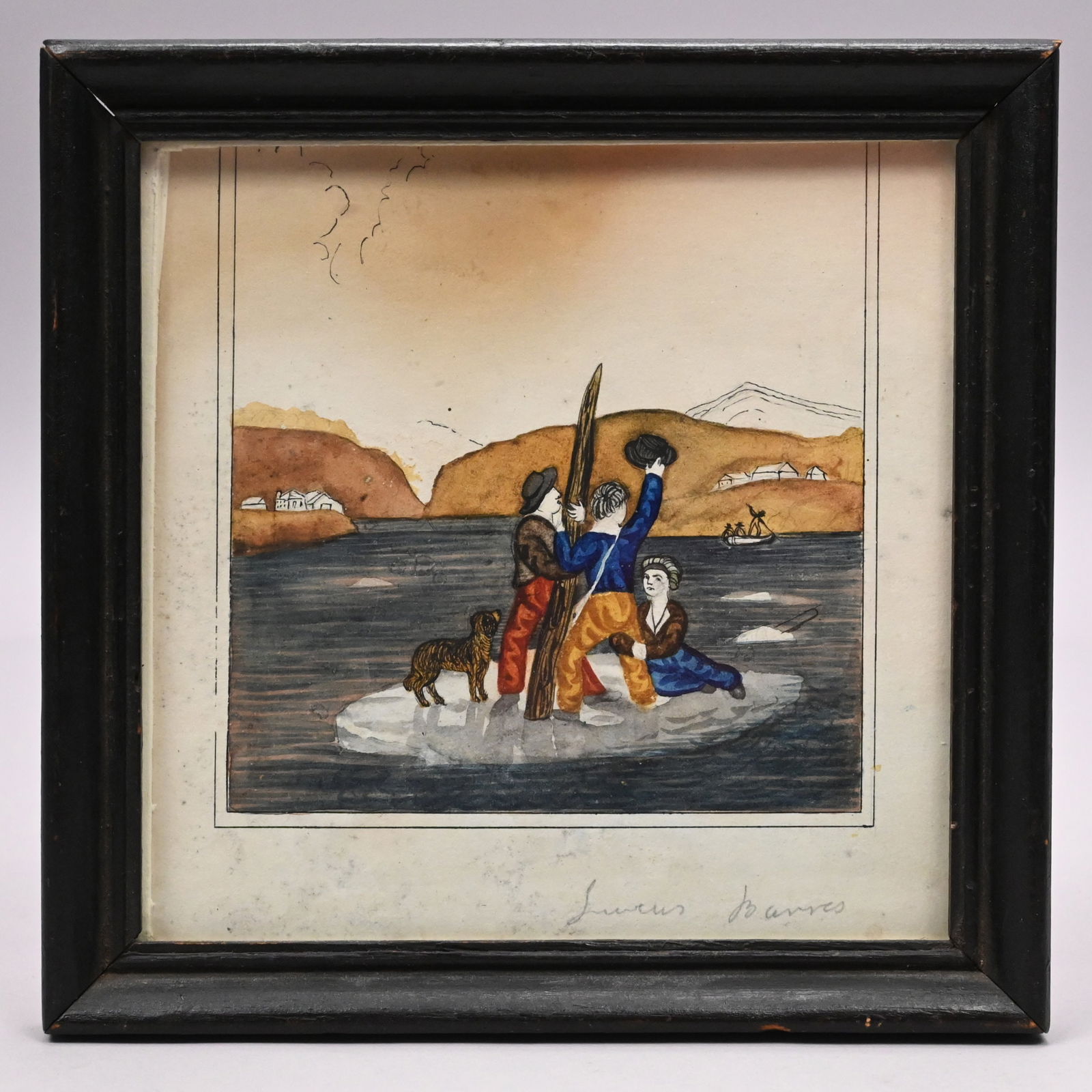 Lucius Barnes - Children and a Dog on an Ice Floe: Lucius Barnes (1819 - 1836, Act. Connecticut). Folk Picture of Children and a Dog on an Ice Floe. Watercolor and ink on paper, signed "Lucius Barnes" lower right, (6.25 x 6.25 inches, sight).Frame: