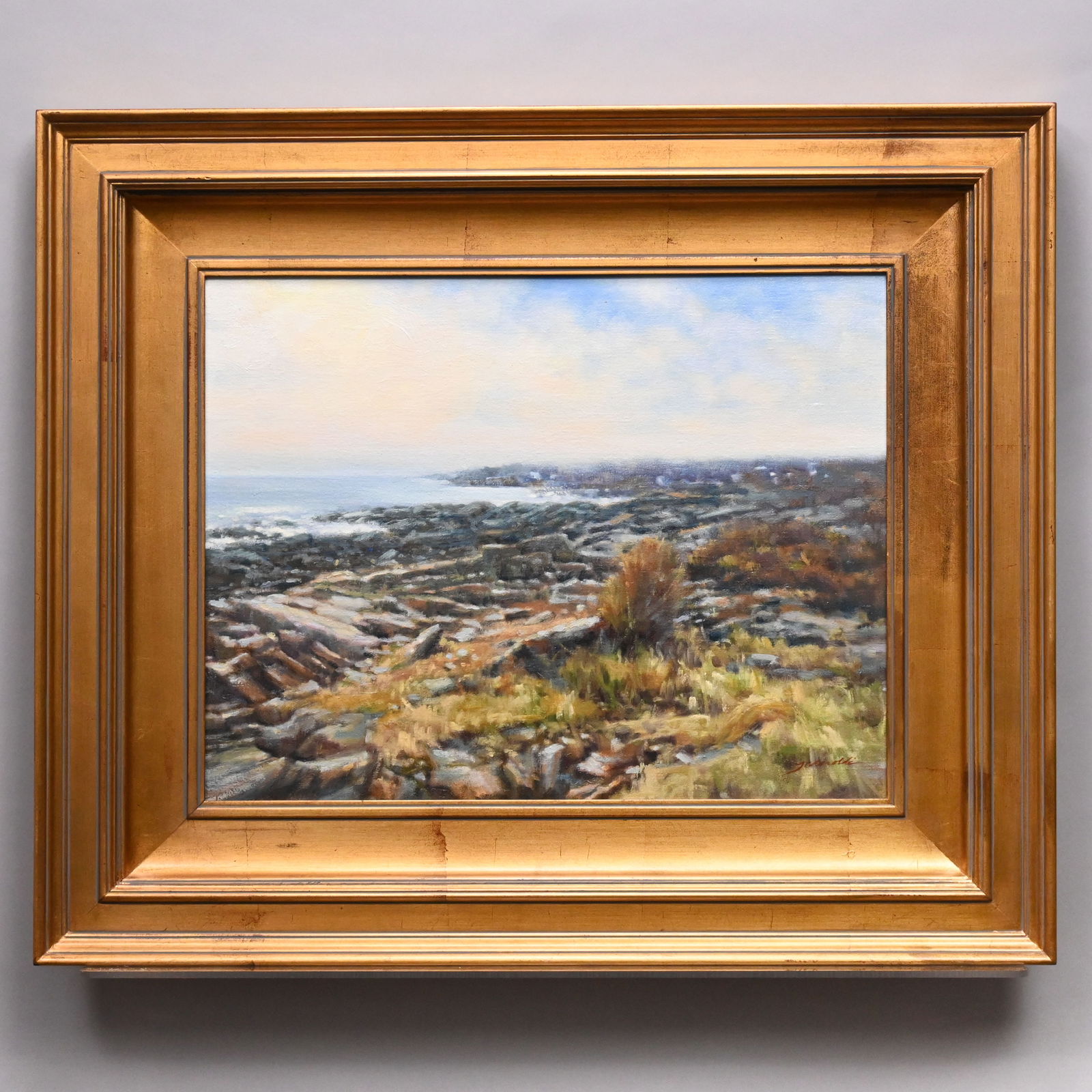 Alfred A. Garibaldi - Rocky Coastal Scene: Alfred A. Garibaldi (American, 1905 - 1986). Rocky Coastal Scene. Oil on board, signed "Garibaldi" lower right, (14 x 18 inches). Frame: H: 22 in., W: 26 in., D: 1 in.