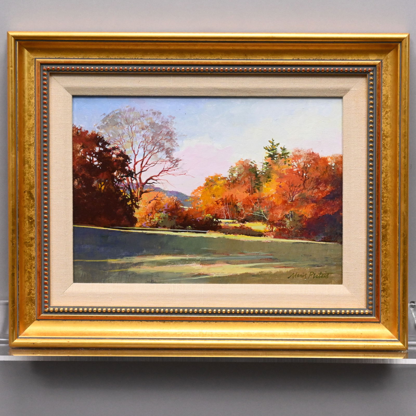 Maris Valdis Platais - "Autumn Eve": Maris Valdis Platais (1936, Jelgava, Latvia - 2024, Georgetown, Maine). "Autumn Eve." Oil on panel, signed "Maris Platais" lower right, (7.25 x 10.375 inches).Provenance: "15th Annual Almost