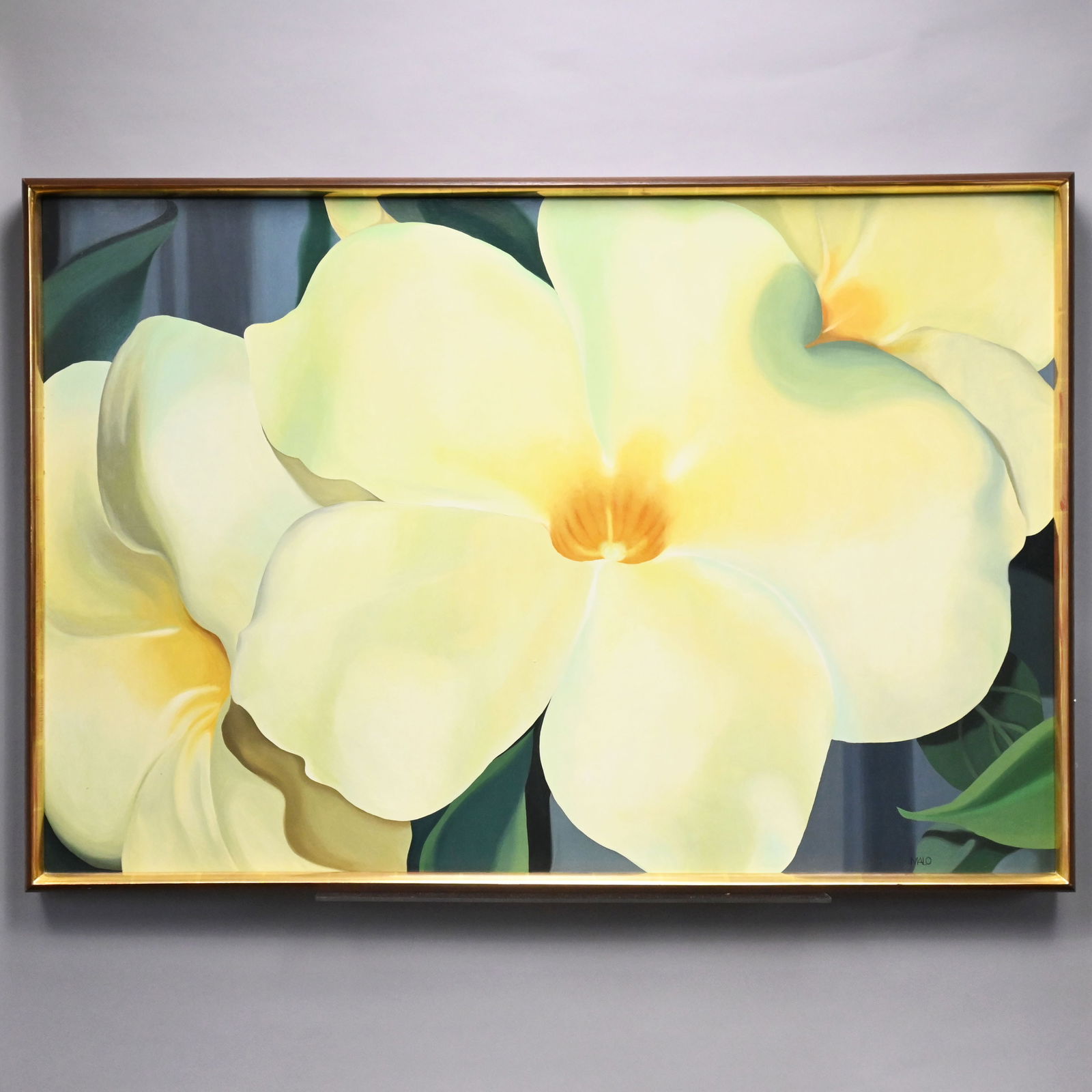 Teri Malo - "Golden Trumpets": Teri Malo (b. 1954, Whitinsville, Massachusetts). "Golden Trumpets." Oil on Masonite, signed "MALO" lower right, (30.5 x 46.75 inches, sight).Frame: H: 33.25 in., W: 49.5 in., D: 2.75 in.