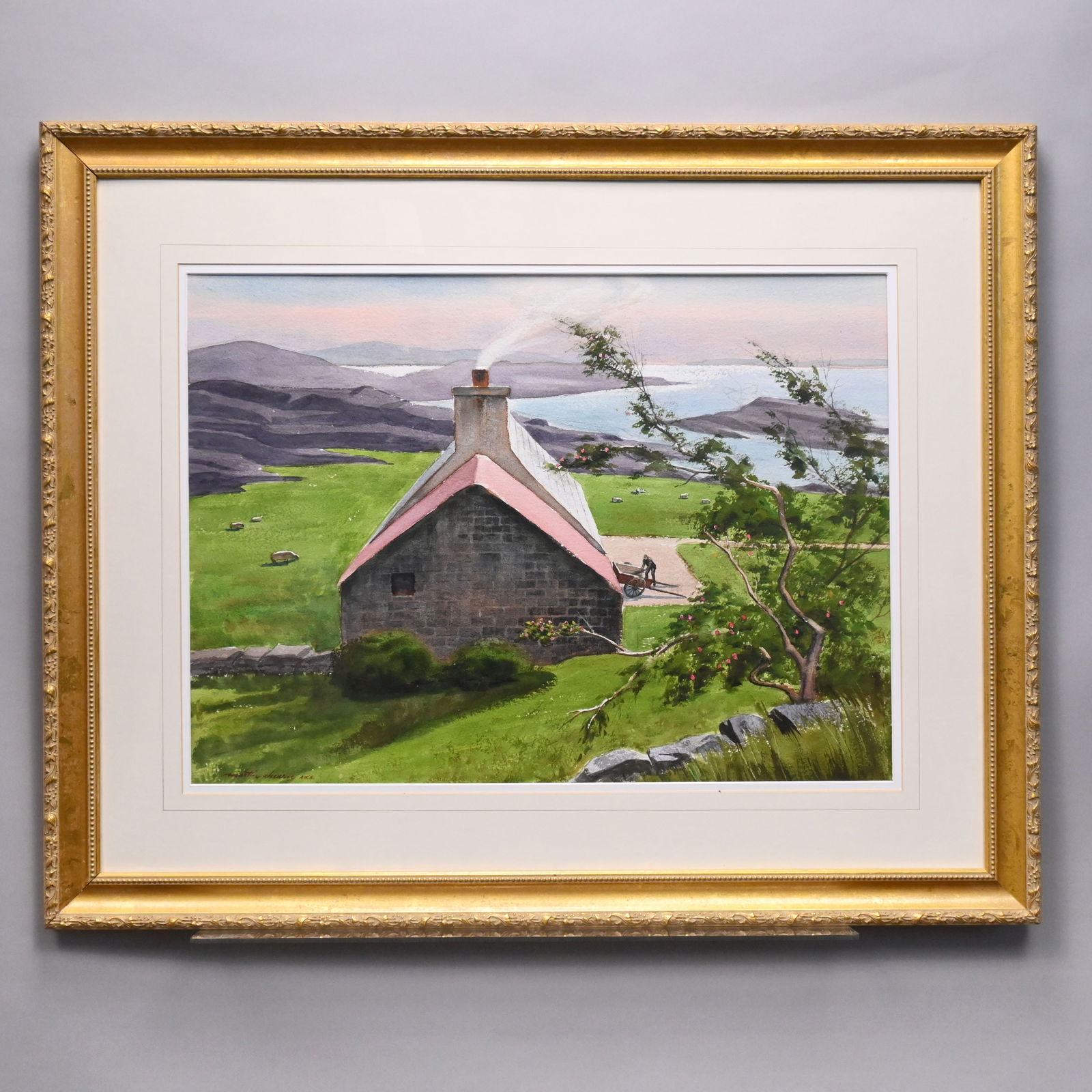 Martin R. Ahearn - Irish Cottage by the Bay: Martin R. Ahearn (American, 1918 - 2009). Irish Cottage by the Bay. Watercolor on paper, signed "Martin Ahearn A. W. S." lower left, (18.75 x 26 inches, sight).Frame: H: 29.5 in., W: 36.5 in., D: 1.25