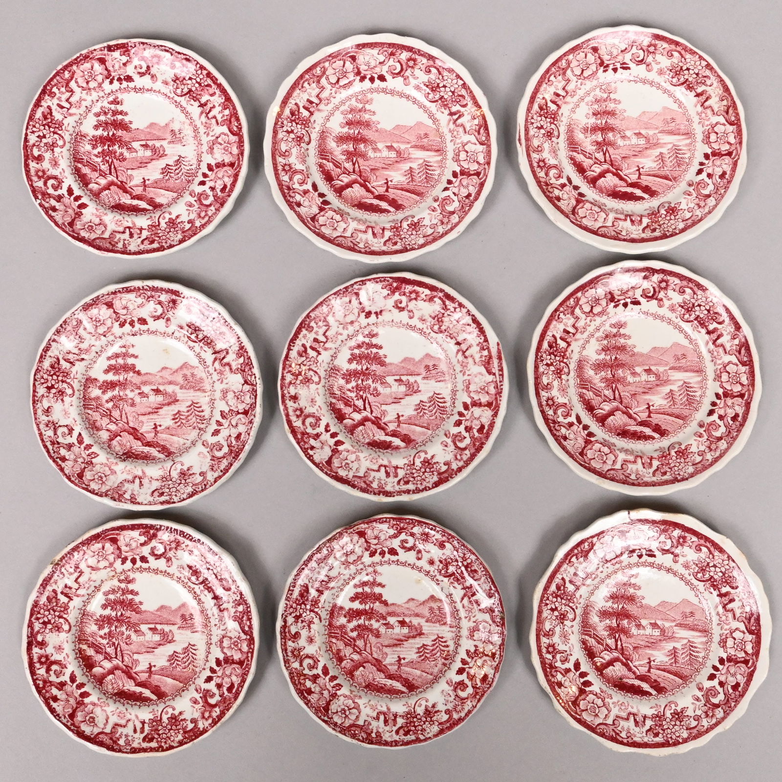 "Nr Sandy Hill, Hudson Rr," Nine Staff. Cup Plates: 'Picturesque Views' Series, "Near Sandy Hill, Hudson River," Set of Nine Staffordshire Rose Transfer-Printed Cup Plates, James & Ralph Clews, 1821-1834. From William Guy Wall's "Hudson River