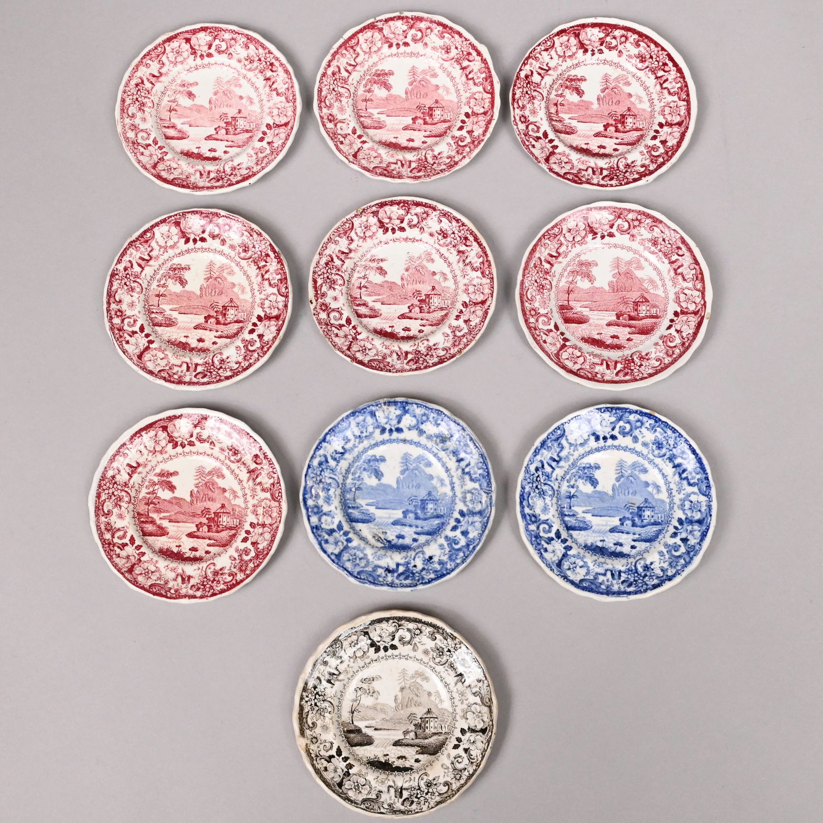 "Fairmount," Ten Staffordshire Printed Cup Plates: 'Picturesque Views' Series, Ten "Fairmount," Staffordshire Transfer-Printed Cup Plates, James & Ralph Clews, 1821-1834. Comprising seven transfer-printed in rose, two printed in blue and one in