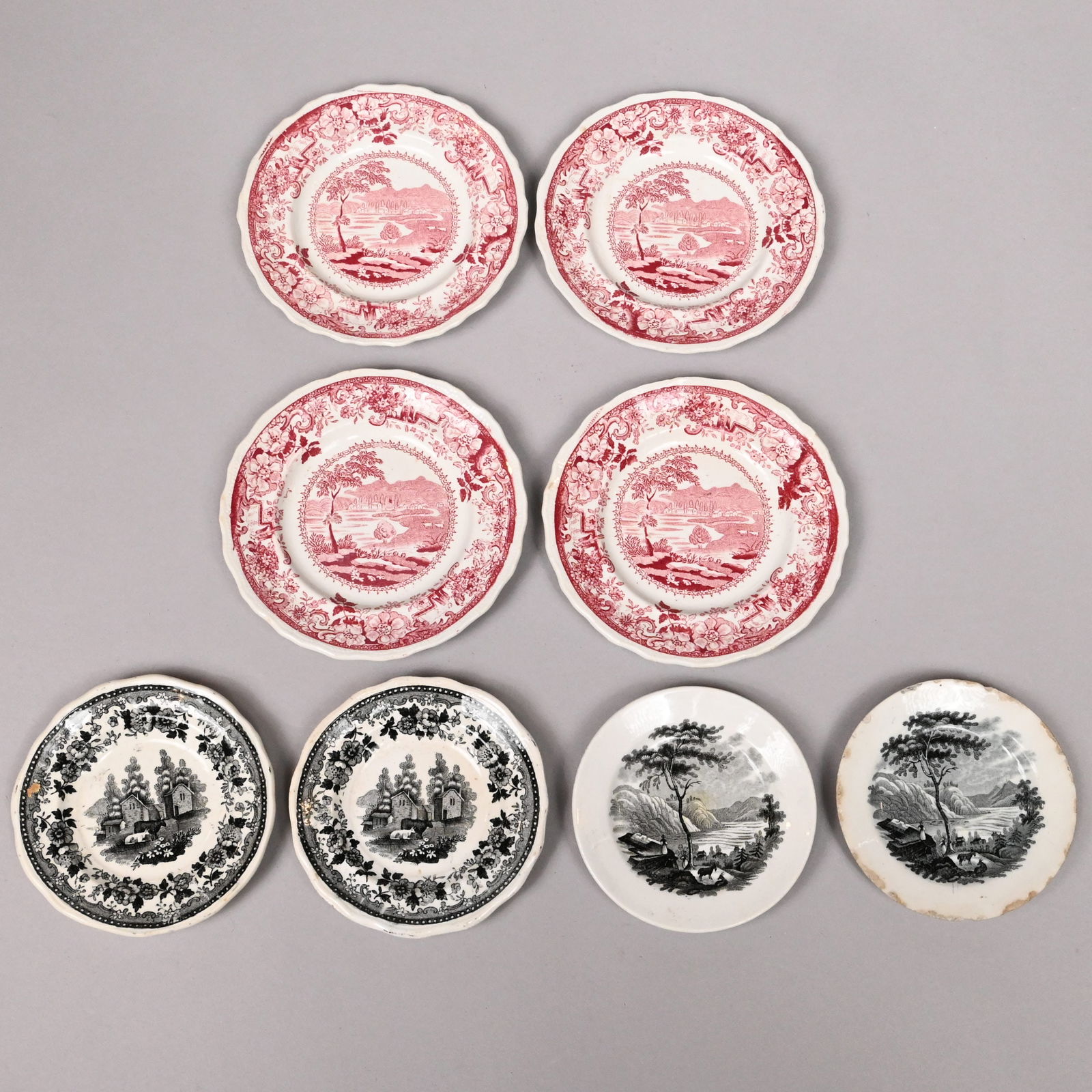 Eight Staffordshire American Views Cup Plates: Eight Staffordshire Transfer-Printed Cup and Toddy Plates Depicting American Views, Comprising 'American Scenery' series, Job and John Jackson, 1831-1835, two black transfer-printed "View of