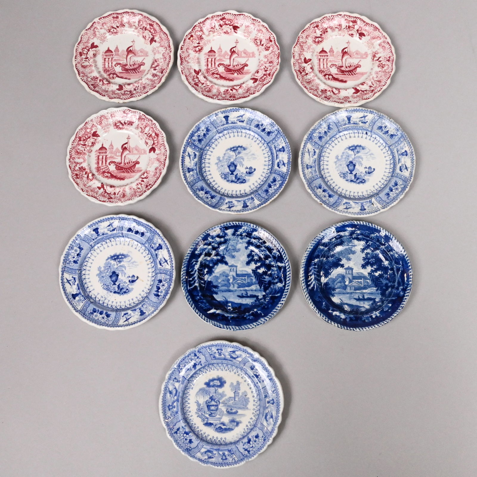 Ten Staffordshire Transfer-Printed Cup Plates: Ten Staffordshire Transfer-Printed Cup Plates Depicting Oriental scenes, 1818-1846. Comprising two dark blue 'Italian Scenery' series, "Lake Avernus (?) 3.625-inch cup plates, Enoch Wood & Sons,