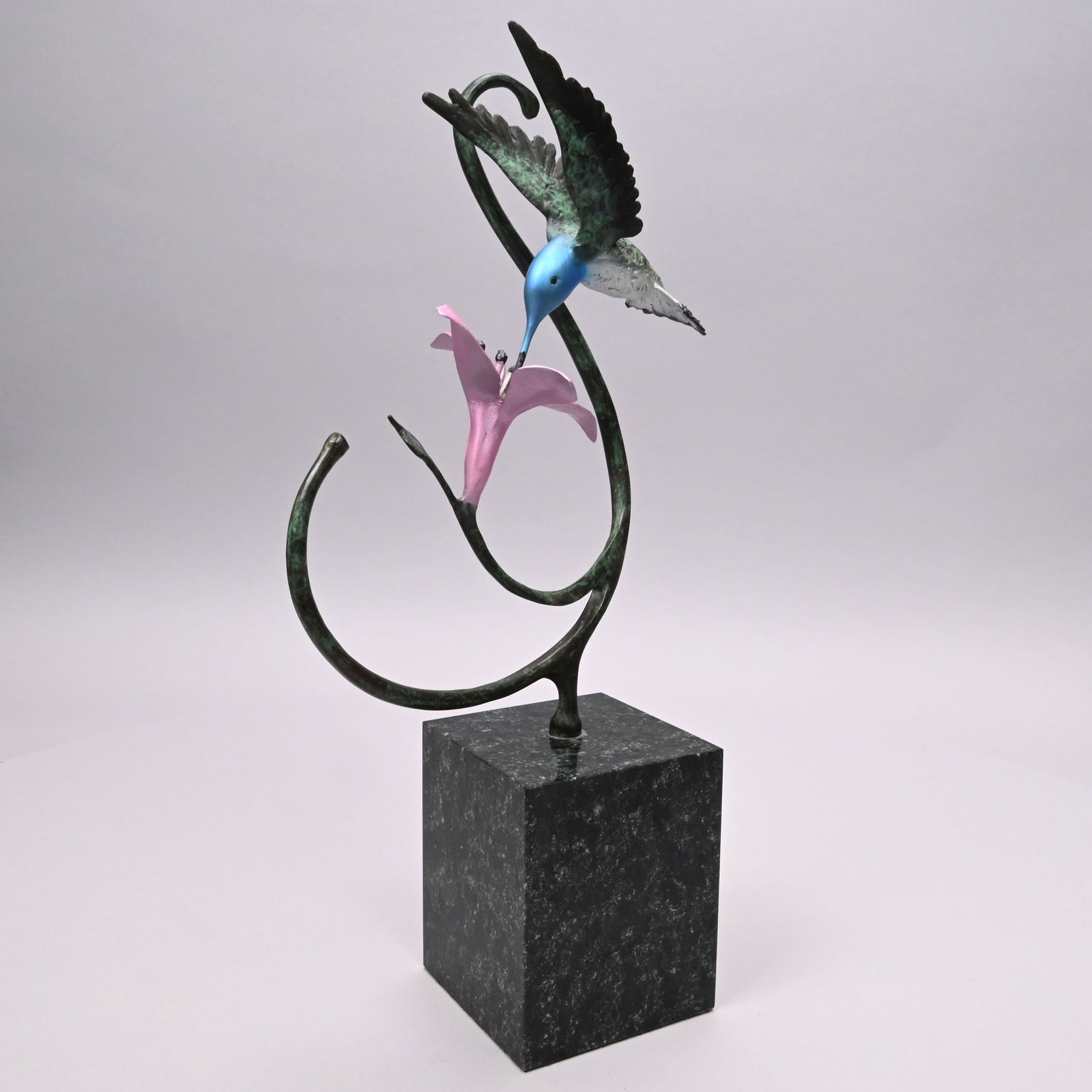 John David Jagger - Hummingbird and Fuchsia: John David Jagger (Chicago, Illinois, 1920 - Leander, Texas, 2013). Hummingbird and Fuchsia, 1989 (?). Limited edition number 34 of 100, painted bronze figure of a hummingbird obtaining nectar from a