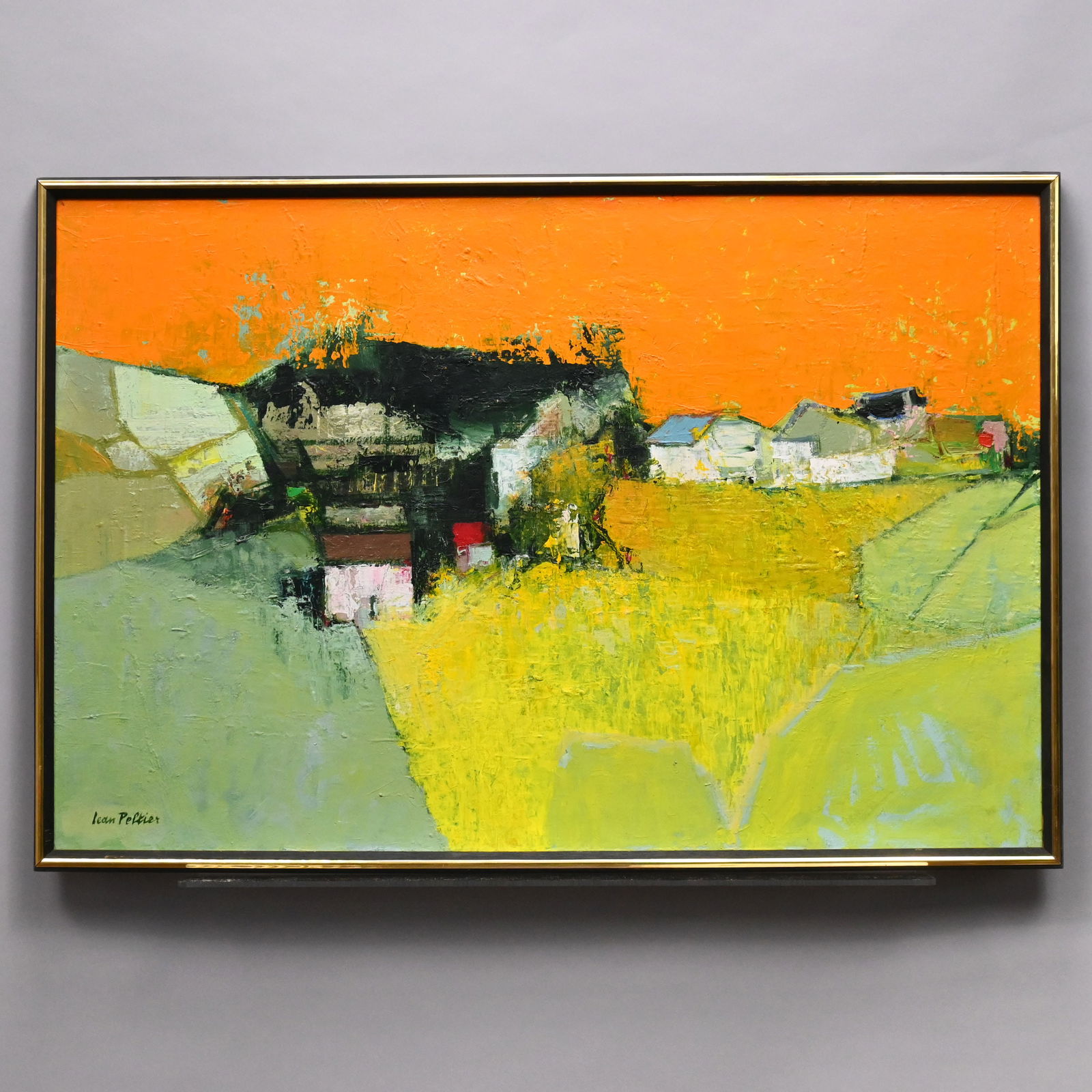 Jean Peltier - "Paysage Au Ciel Orange, No. 4": Jean Peltier (French, 1907 - 1984). Landscape with Orange Sky: "Paysage Au Ciel Orange, No. 4." Oil on canvas, signed "Jean Peltier" lower left, (21.25 x 32 inches), reverse is titled on