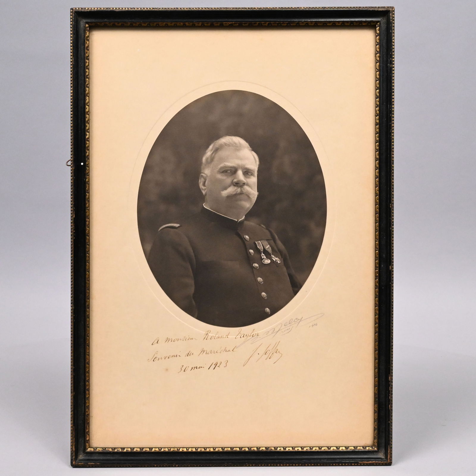 General Joseph Joffre Souvenir Photograph, 1916: General Joseph Joffre Souvenir Photograph, Circa 1916. Inscribed in French "To Monsieur Roland Caylor, Souvenir of the Marshal, May 30, 1923, Zelcy, 1916."Frame: H: 14.5 in., W: 10 in., D: 0.625 in.Jo