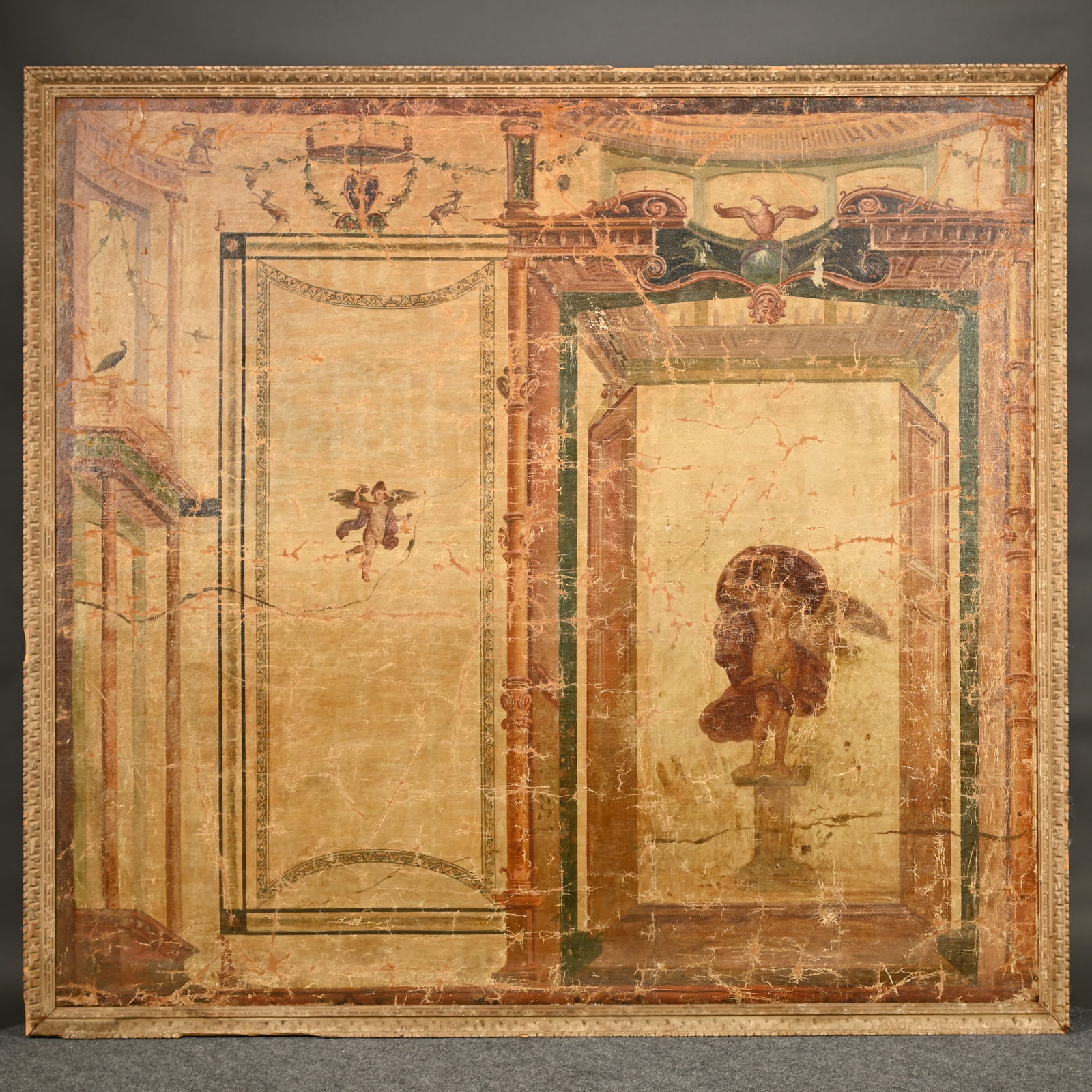 Screen Painted w/Classical Architectural Elements: Framed Screen Painted with Classical Architectural Elements. Probably a remnant, oil on canvas.Frame: H: 65 in., W: 69.75 in., D: 2 in.