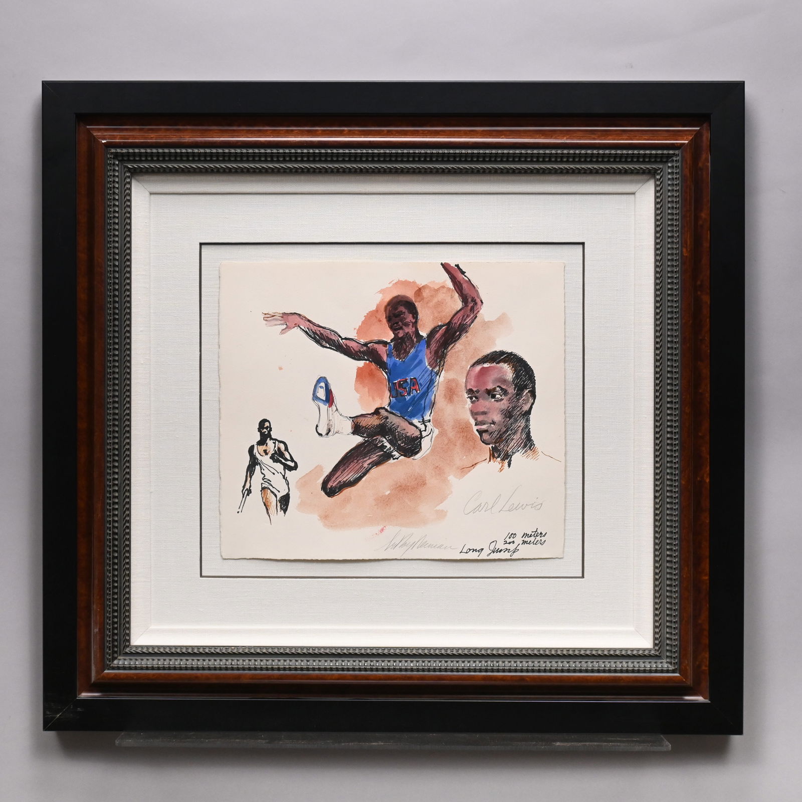 Leroy Neiman - "Carl Lewis: Long Jump": Leroy Neiman (American 1921 - 2012). "Carl Lewis: Long Jump, 100 Meters, 200 Meters." Mixed media with watercolor and ink on paper, signed in pencil "Leroy Neiman" lower center, (13 x 15