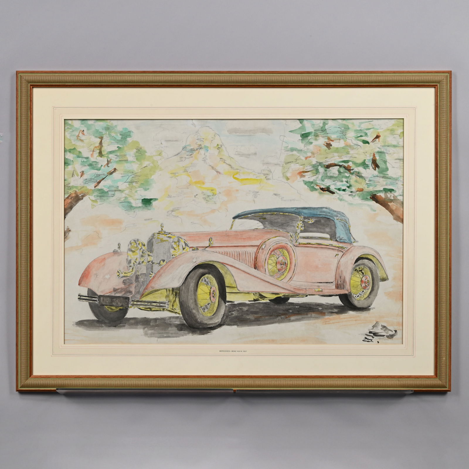 Mercedes - Benz 500K, 1937: Mercedes-Benz 500K, 1937. Watercolor and pencil on paper, signed indistinctly "E. Davis" lower right, (20.25 x 30.75 inches).Frame: H: 29 in., W: 39.5 in., D: 1 in.