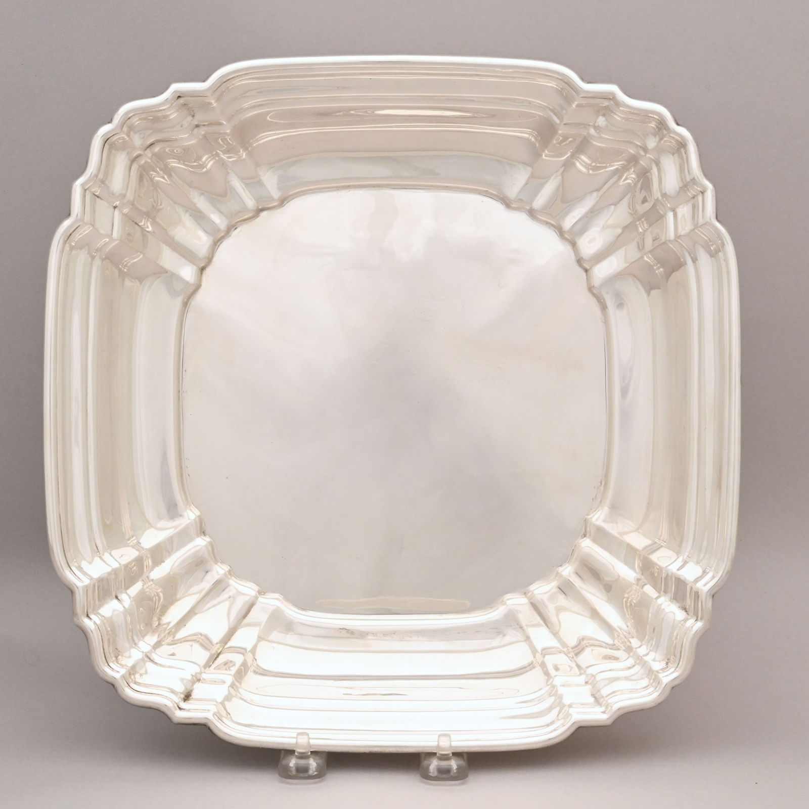 American Sterling Silver Square Serving Dish: American Sterling Silver Square Serving Dish, Gorham Mfg. Co., Providence, Rhode Island, 1947. The straight molded sides within scalloped fluted corners, not monogrammed, marked with factory marks,