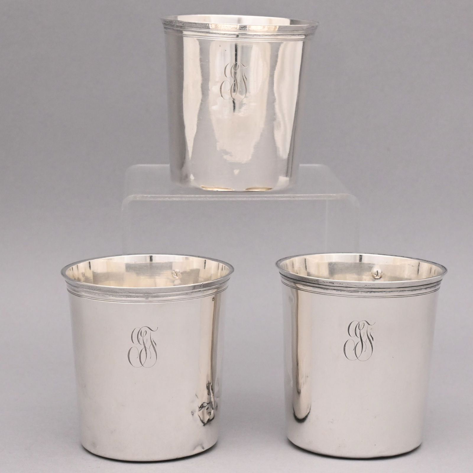 Set Three French Silver Beakers, Sixte-Simon Rion: Set of Three French Silver Beakers, Sixte-Simon Rion, Paris, 1819-1838. Each with molded rim, engraved on the side with the initials "GF" in script, each marked under the rim with guaranty mark of a